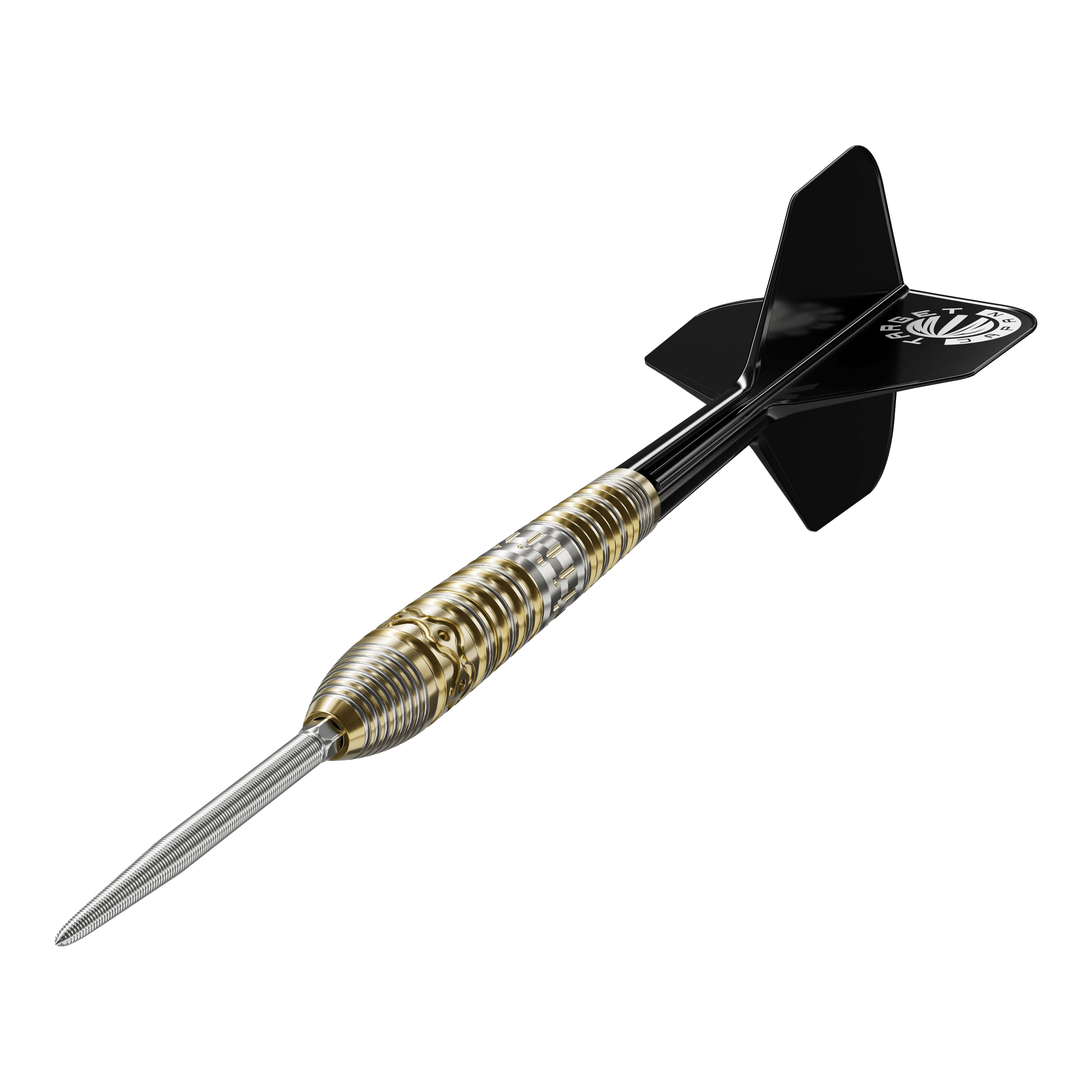 Stalowe lotki Target Japan Hot Shot GEN2 - 23 g Das Bild zeigt einen Target Japan Hot Shot GEN2 Steeldart mit einem Gewicht von 23g. Der Dart hat einen metallischen, geriffelten Griffbereich und schwarze Flights.