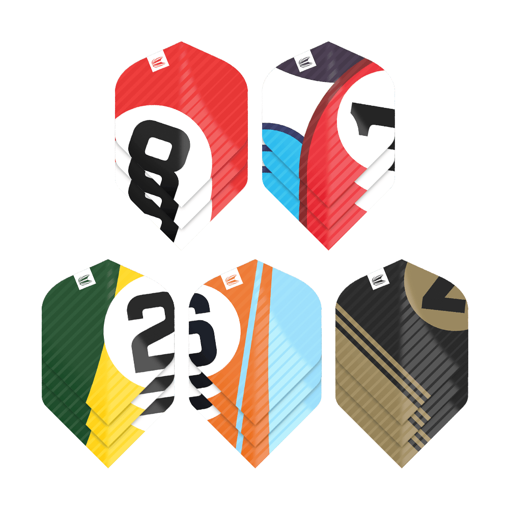 337204_Target_ProUltra_5Sets_Multipack_Chicane_No2_Standard_Flights_1 Das Bild zeigt fünf verschiedene Sets von Dart-Flights in bunten Farben und mit großen Zahlen. Jedes Set hat ein einzigartiges Design und verschiedene Farbkombinationen.