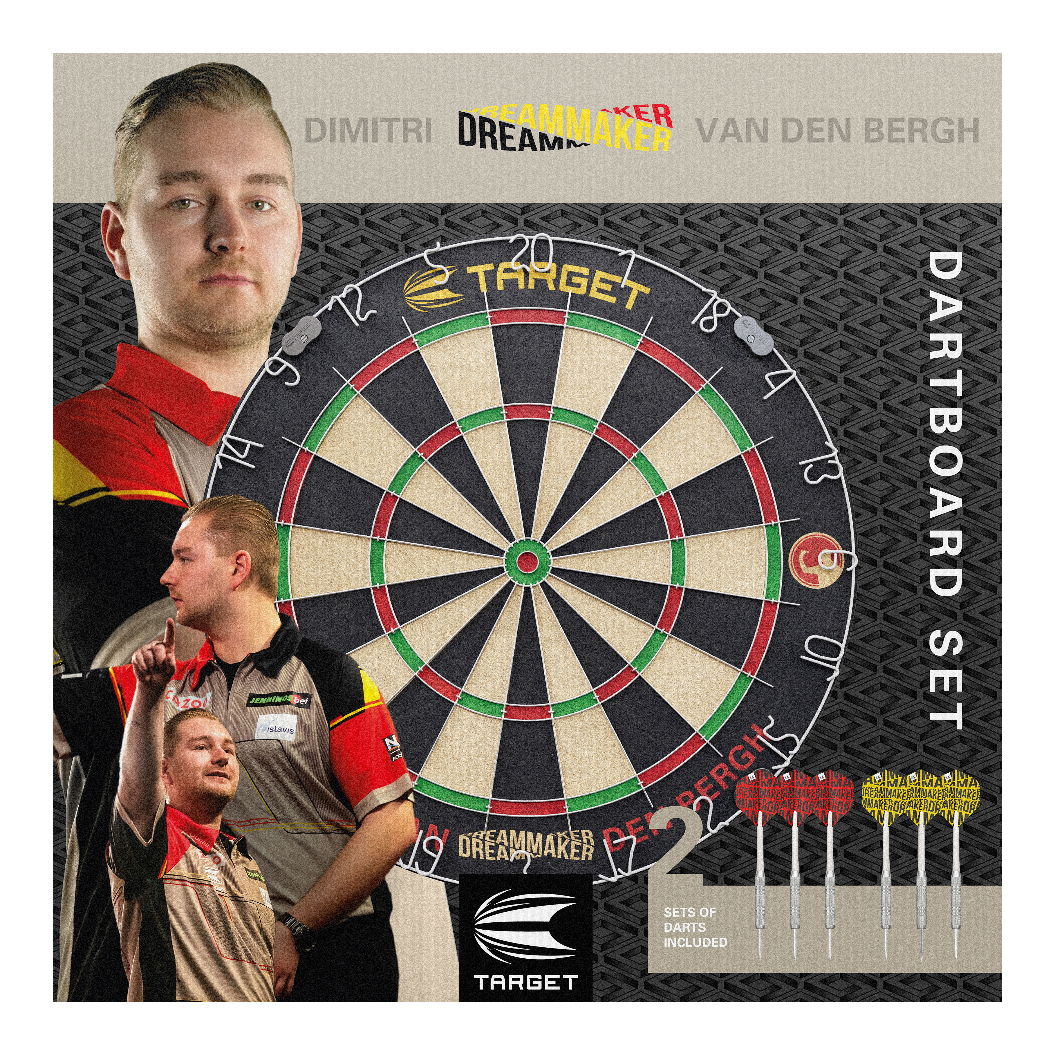 Zestaw tarcz stalowych Target Dimitri Van Den Bergh Das Bild zeigt das Produkt "Target Dimitri Van Den Bergh Steeldartboard Set" mit einer großen Dartscheibe in der Mitte. Rechts unten sieht man sechs mitgelieferte Darts und im Hintergrund ist Dimitri Van Den Bergh mehrfach abgebildet.