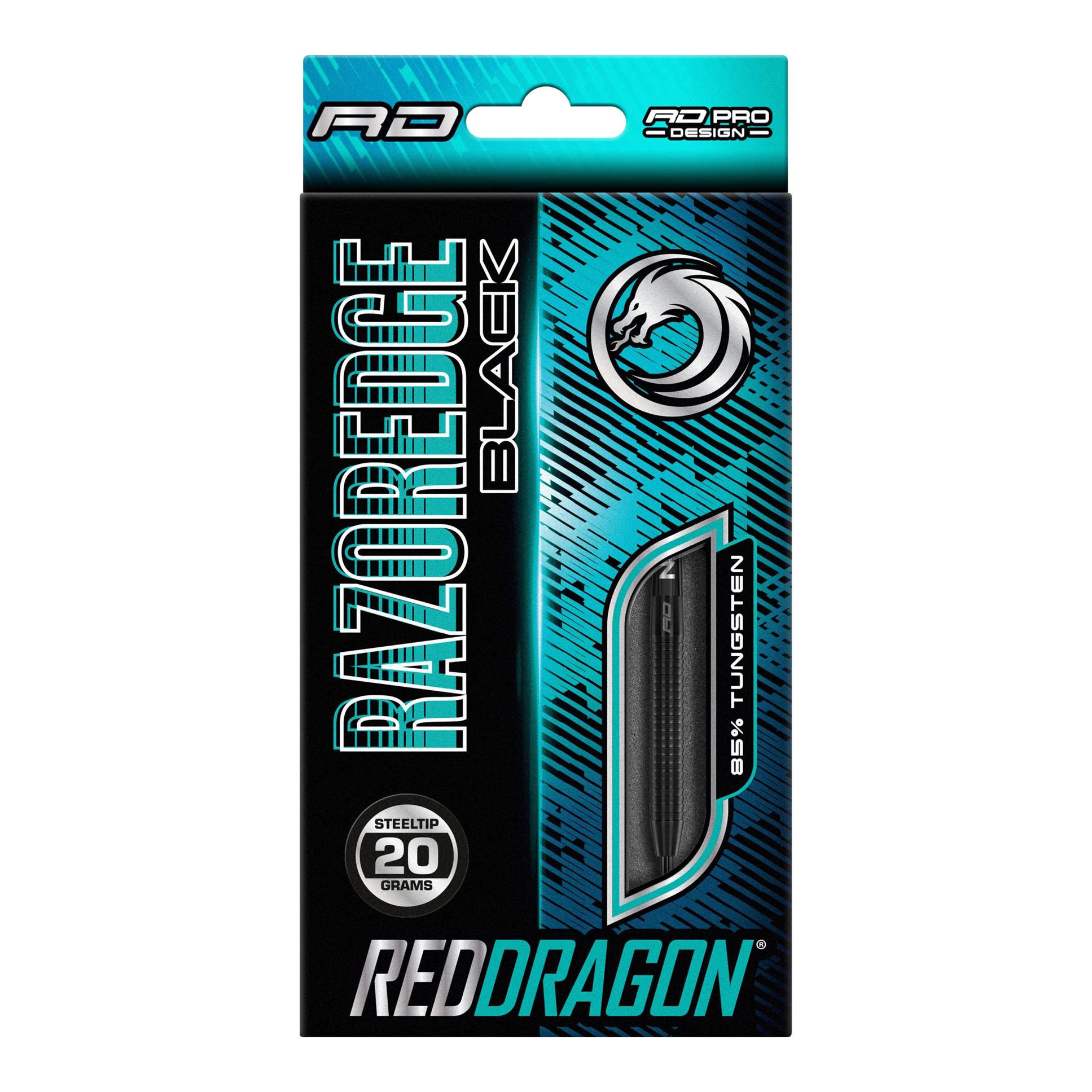 Auf dem Bild ist eine Verpackung von Red Dragon Razor Edge Black Steeldarts zu sehen. Die Darts wiegen 20 Gramm und bestehen zu 85 % aus Wolfram.