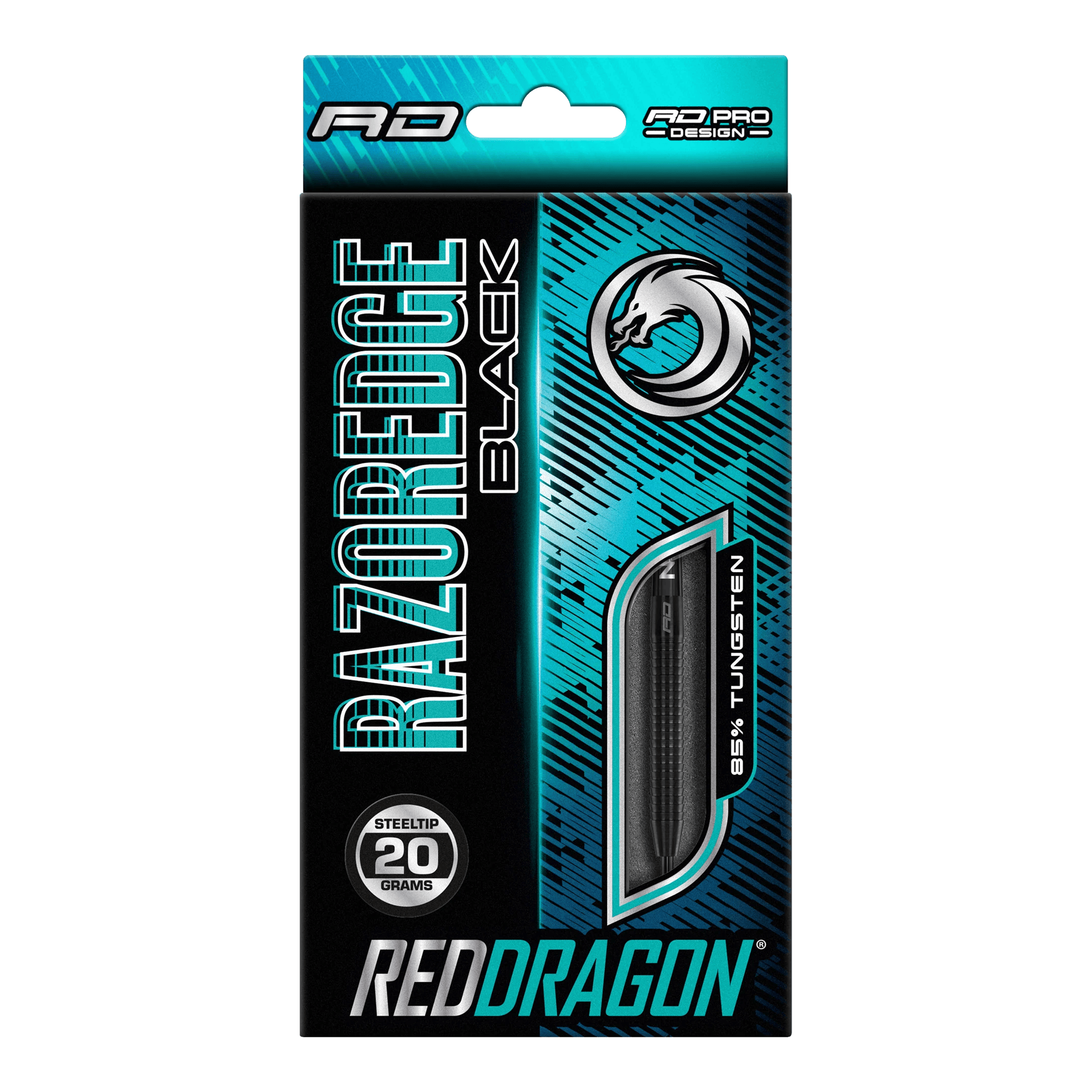 Red Dragon Razor Edge Czarne stalowe rzutki Auf dem Bild ist eine Verpackung von Red Dragon Razor Edge Black Steeldarts zu sehen. Die Darts wiegen 20 Gramm und bestehen zu 85 % aus Wolfram.