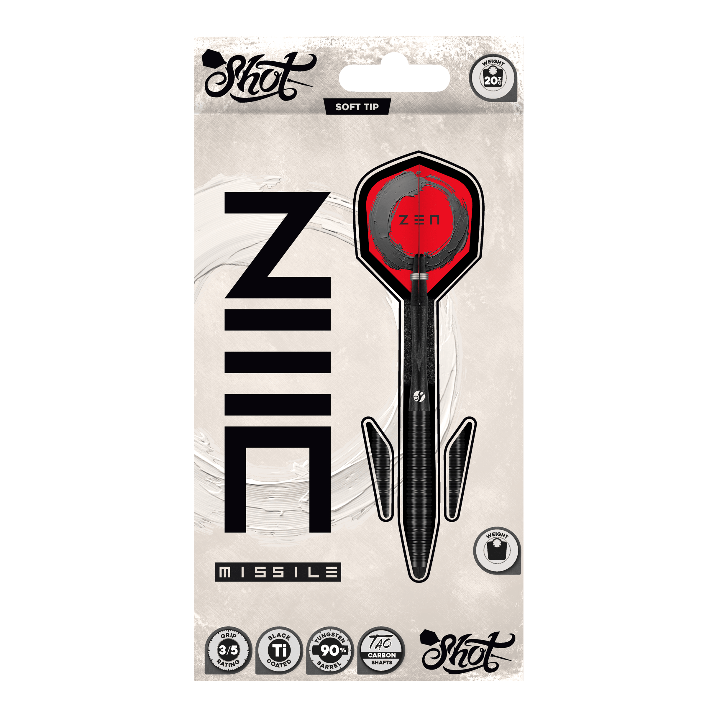 Shoty ZEN Missile Soft Darts - 20g Dies ist ein Bild von den Shot ZEN Missile Softdarts - 20g. Die Softdarts sind für das Dartspiel geeignet und zeigen ein modernes Design.