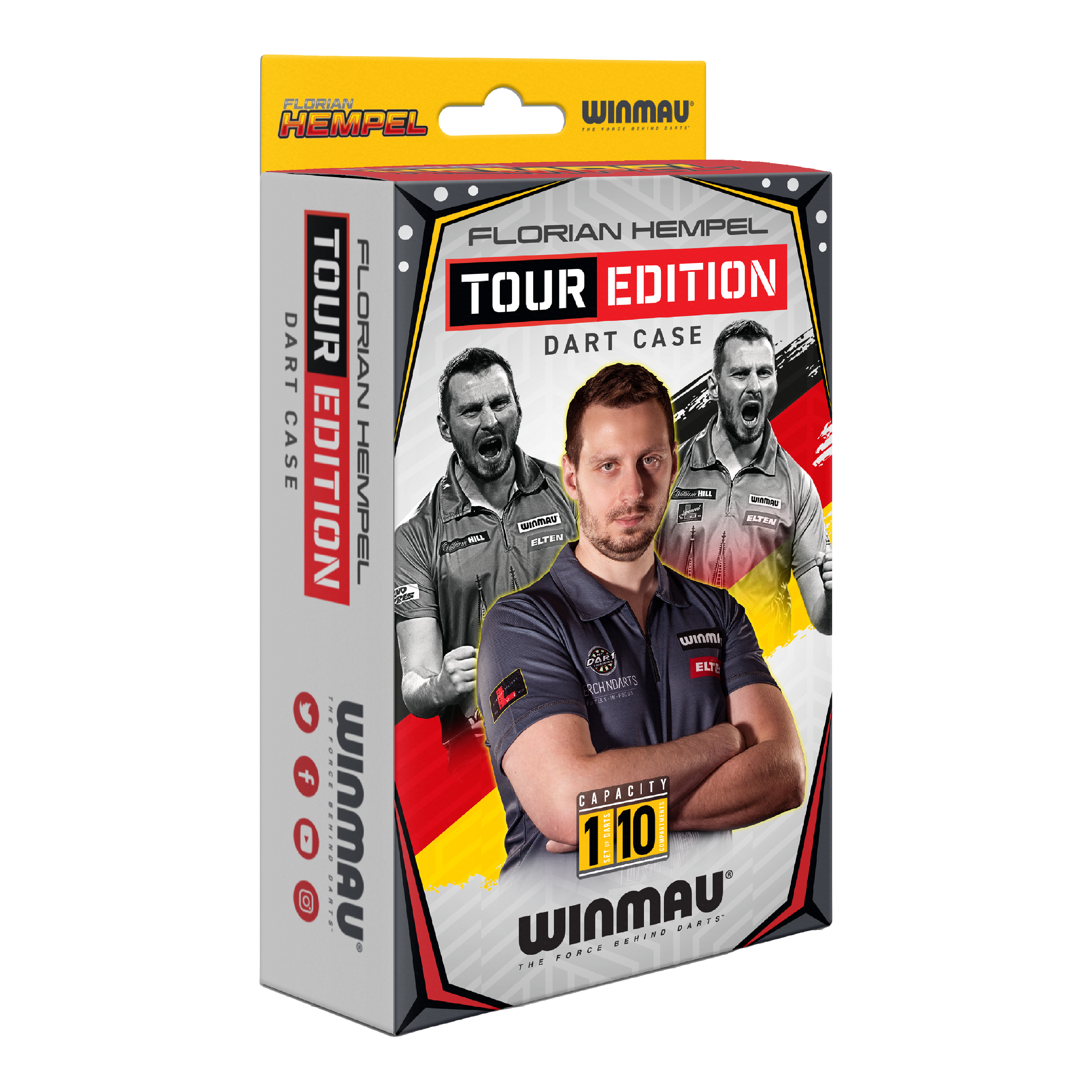 Etui na lotki Winmau Florian Hempel Tour Edition Die Verpackung zeigt das Produkt "Winmau Florian Hempel Tour Edition Dartcase". Auf der Vorderseite sind Bilder von Florian Hempel und der Hinweis auf eine Kapazität von 110 Darts abgebildet.