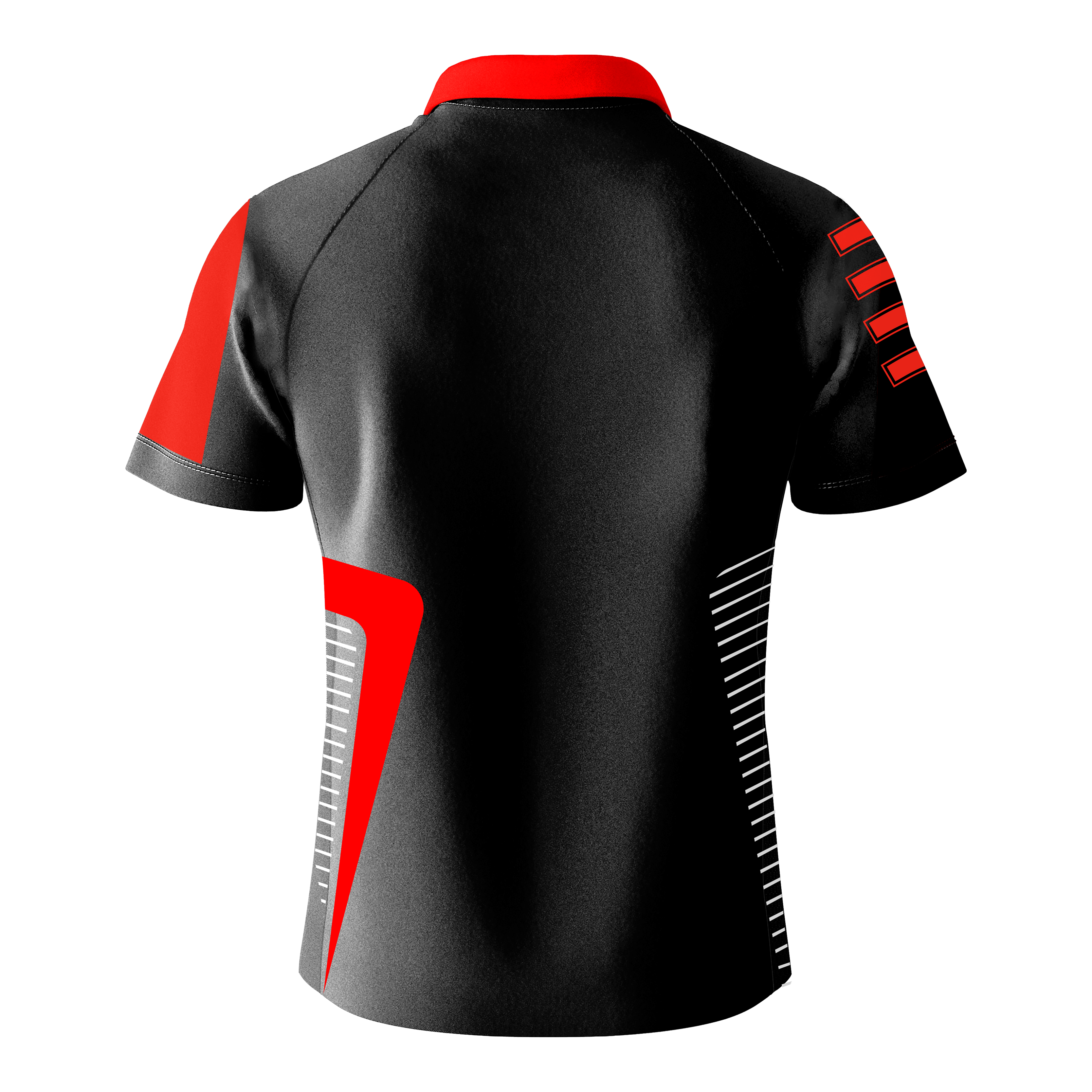 Das Bild zeigt das Bulls Team Dartshirt in Rot von hinten. Das Shirt ist hauptsächlich schwarz mit roten und weißen Designelementen auf den Ärmeln und an den Seiten.