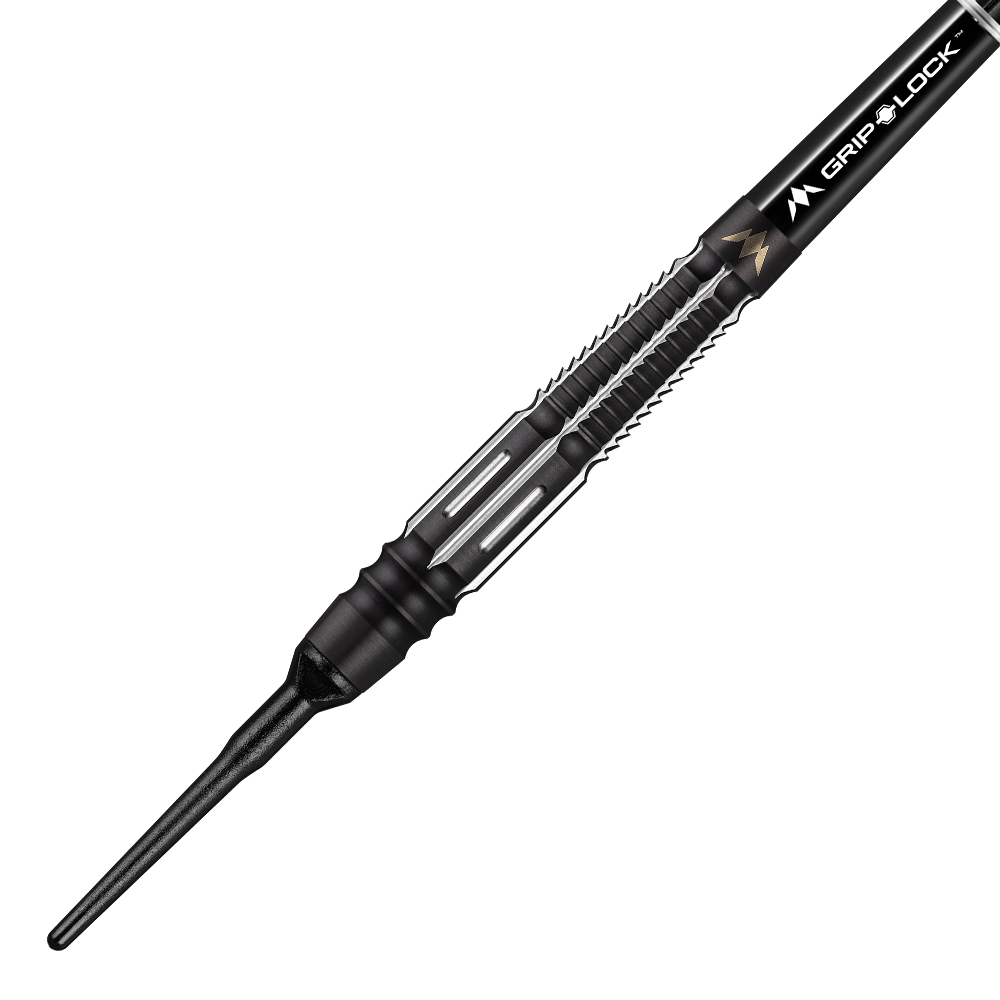 Das Bild zeigt den Mission Kuro Model 4 Softdart. Der Dartpfeil ist schwarz mit silbernen Akzenten und einem strukturierten Griff.