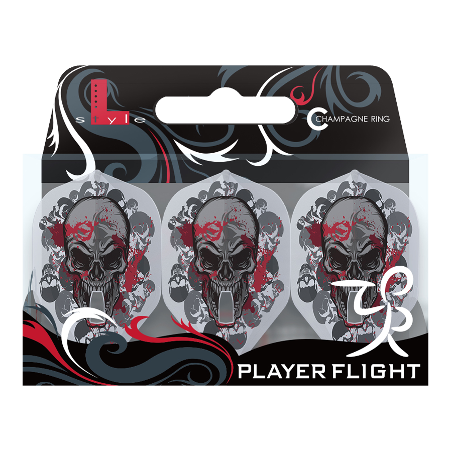 Das Bild zeigt eine Verpackung mit drei klar weißen Dartflights, die jeweils mit einem auffälligen Totenkopf-Design bedruckt sind. Die Verpackung trägt die Aufschrift "Player Flight" und gehört zur L-Style Signature-Serie von Ryan Searle.