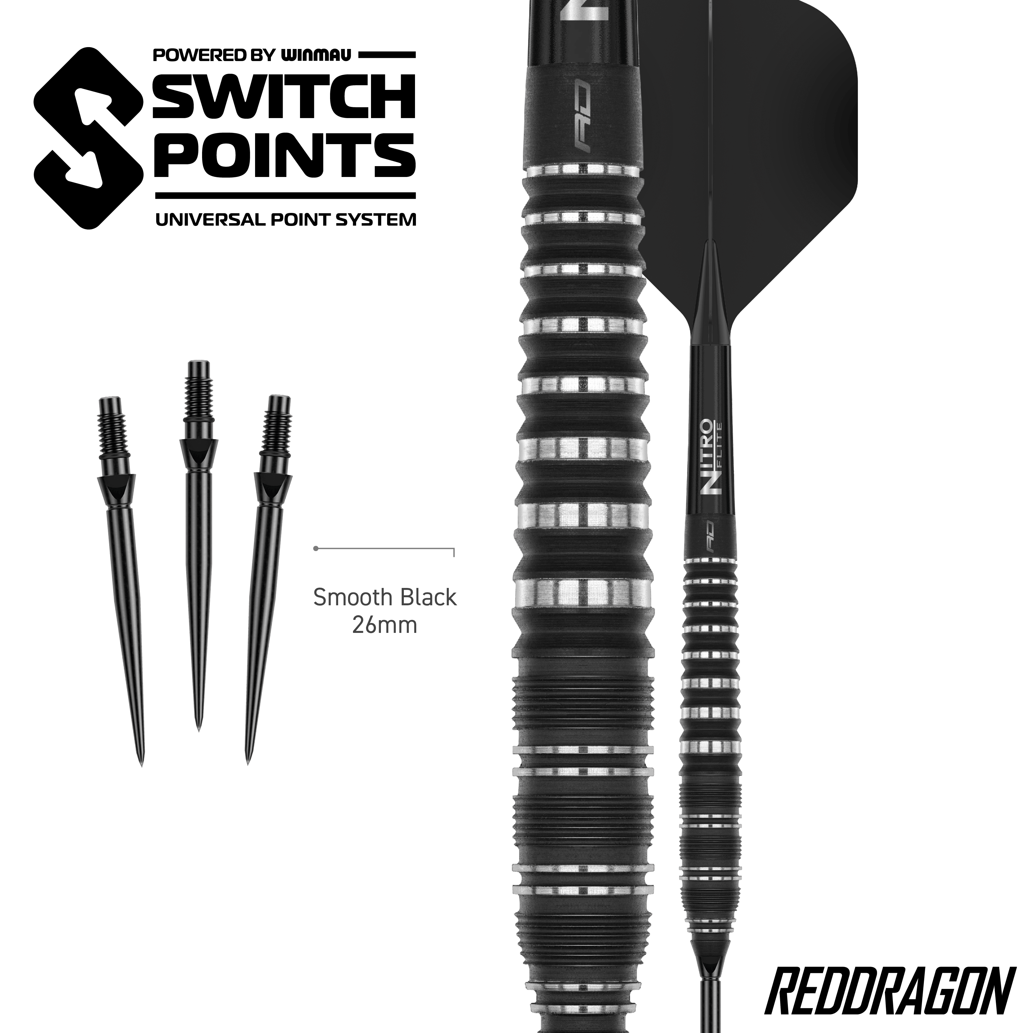Zu sehen sind Red Dragon Sable Torpedo Switch Point Steeldarts. Diese Darts bieten gute Griffigkeit und Stabilität beim Wurf.
