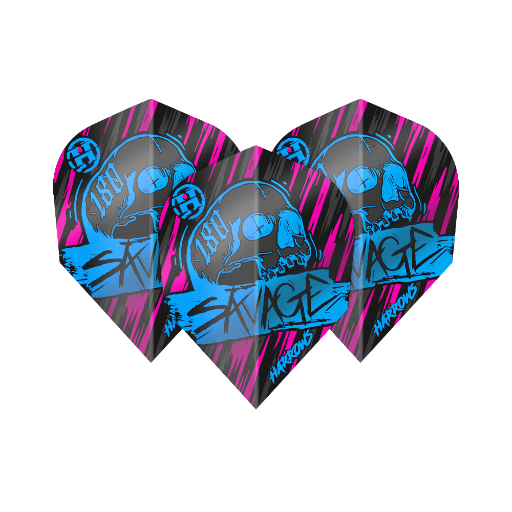 Loty Harrow's Savage Aqua Pink nr 6 Das Bild zeigt die Harrows Savage Aqua Pink No6 Flights, die für Dartpfeile verwendet werden. Sie sind schwarz mit auffälligen blauen und pinken Grafiken, darunter ein Totenkopf und das Wort "SAVAGE".