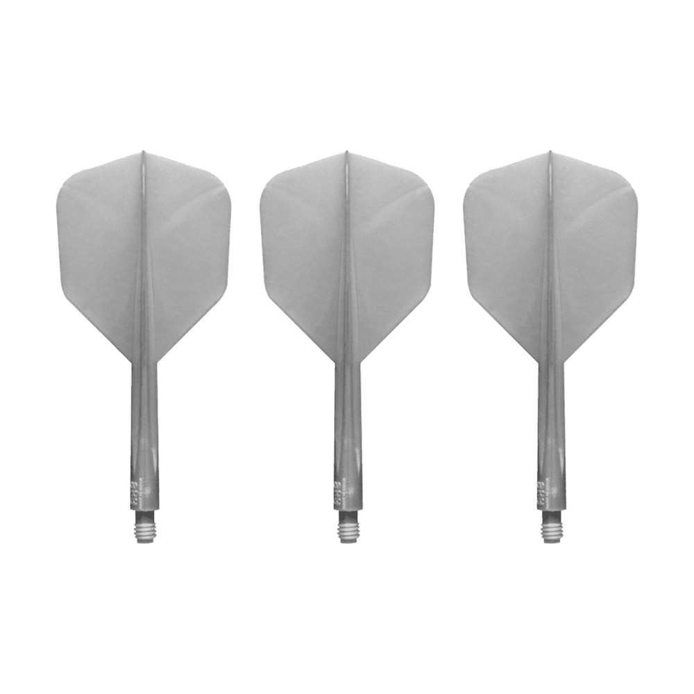 Condor_AXE_Metallic_Pearl_Silver_Small_Flights_1 Das Bild zeigt drei silberne Dartflights mit Schäften der Marke Condor AXE Metallic Flight-System Pearl Silver in der Größe Small. Die Flights sind nebeneinander auf weißem Hintergrund angeordnet.