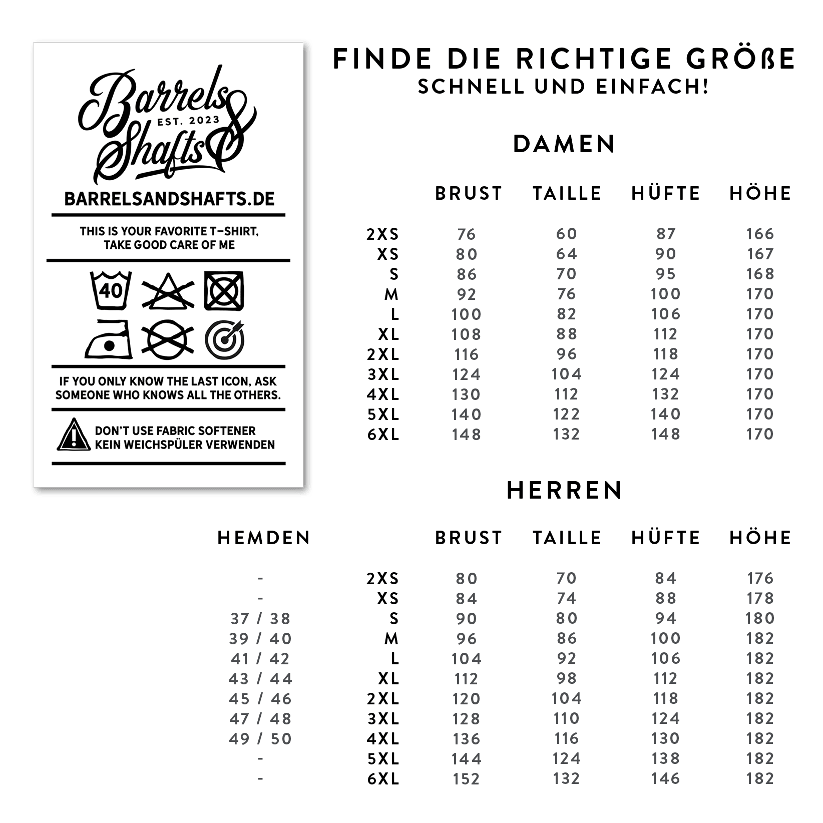 Damska bluza z kapturem Barrels and Shafts – biała Das Bild zeigt eine Größentabelle für den Barrels and Shafts Damen Hoodie in Weiß. Es enthält Maße für Brust, Taille, Hüfte und Höhe sowie Pflegehinweise für das Produkt.