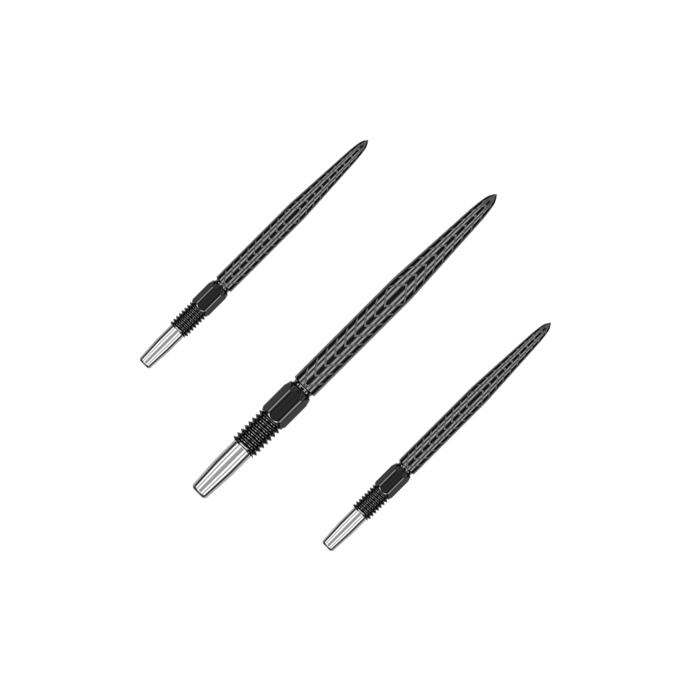 Końcówki do lotek Target Swiss Point RVE – czarne Das Bild zeigt drei schwarze Dartspitzen mit silbernem Schraubgewinde. Sie sind unterschiedlich ausgerichtet und liegen auf einem grünen Hintergrund.