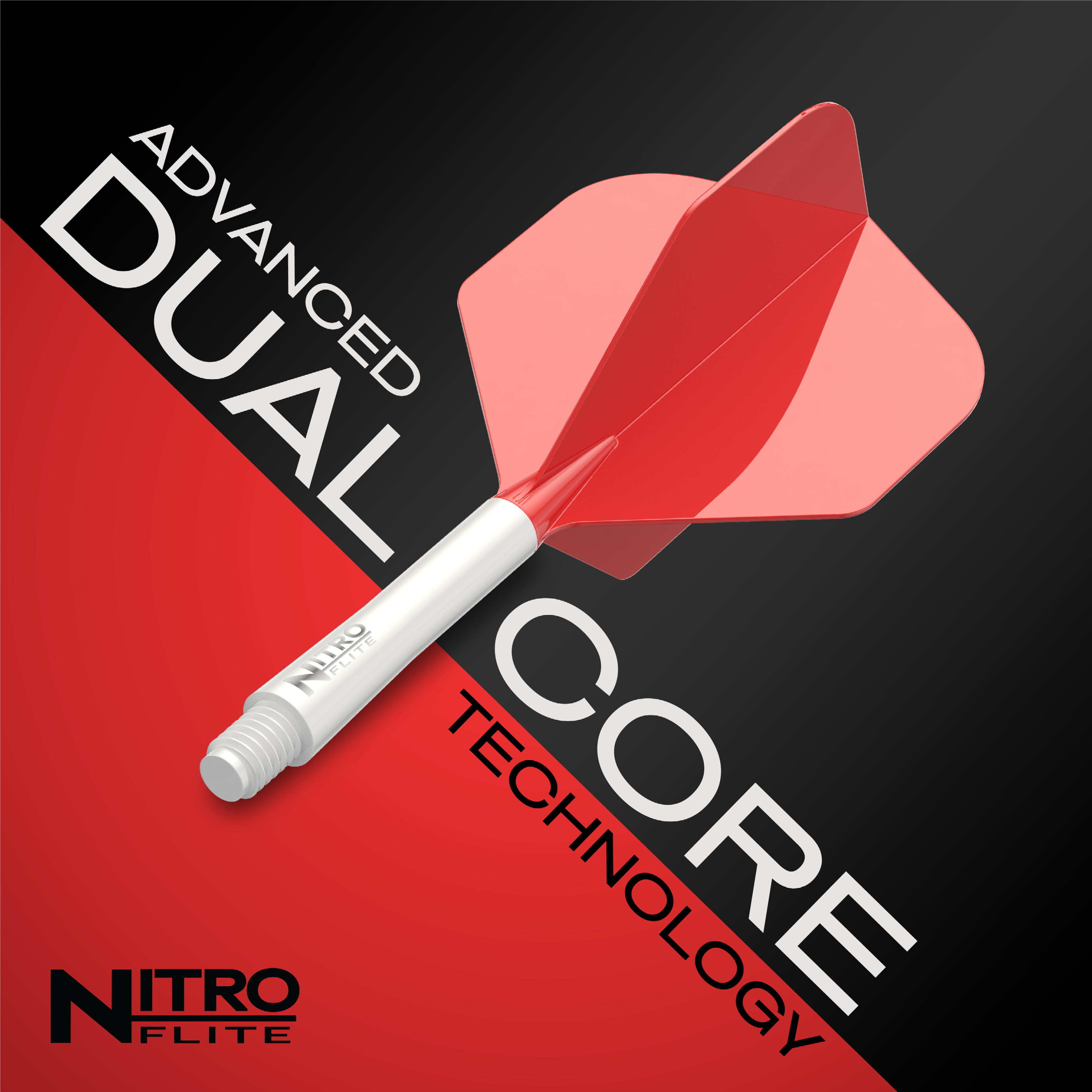 Das Foto stellt die Red Dragon Nitro Flite - White Shaft Red No2 Flights dar. Sie haben weiße Schafts und rote Flights für Darts.