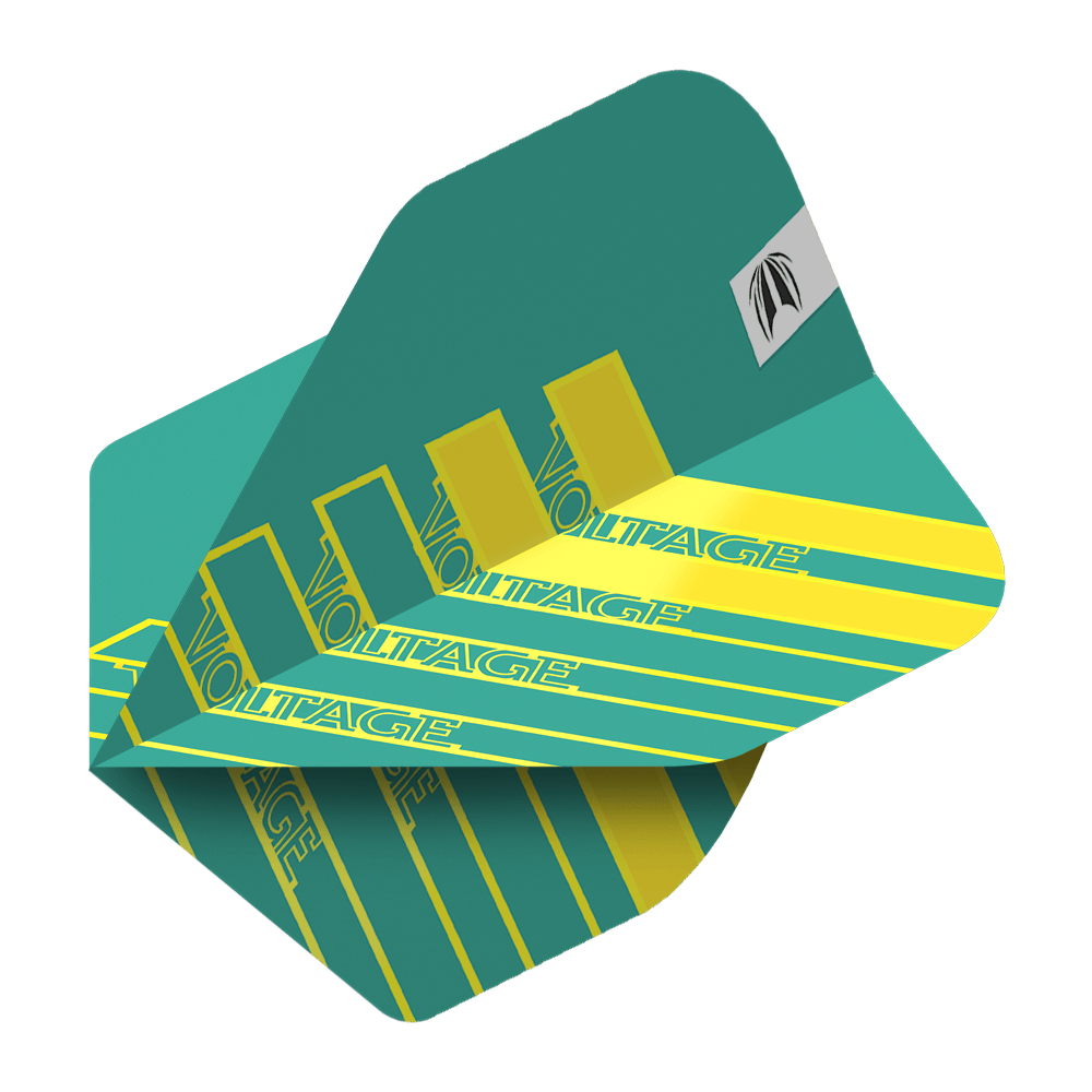 Lotki Target Pro Ultra Rob Cross Aqua No2 Standard - 3 zestawy Das Bild zeigt ein Dart-Flight in Aqua-Farbe mit gelben Streifen und dem Schriftzug "VOLTAGE". Es handelt sich um das Produkt "Target Pro Ultra Rob Cross Aqua No2 Standard Flights - 3 Sets".