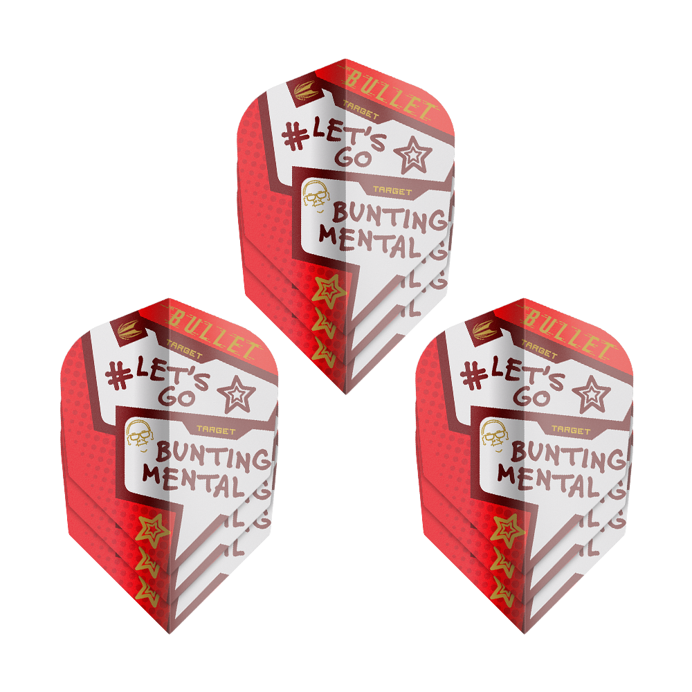 Target Pro Ultra Stephen Bunting Mental No6 Flights - 3 serie Das Bild zeigt drei Sets der "Target Pro Ultra Stephen Bunting Mental No6 Flights" für Darts. Die Flights sind rot-weiß gestaltet und tragen Aufschriften wie "#LET'S GO" und "BUNTING MENTAL."