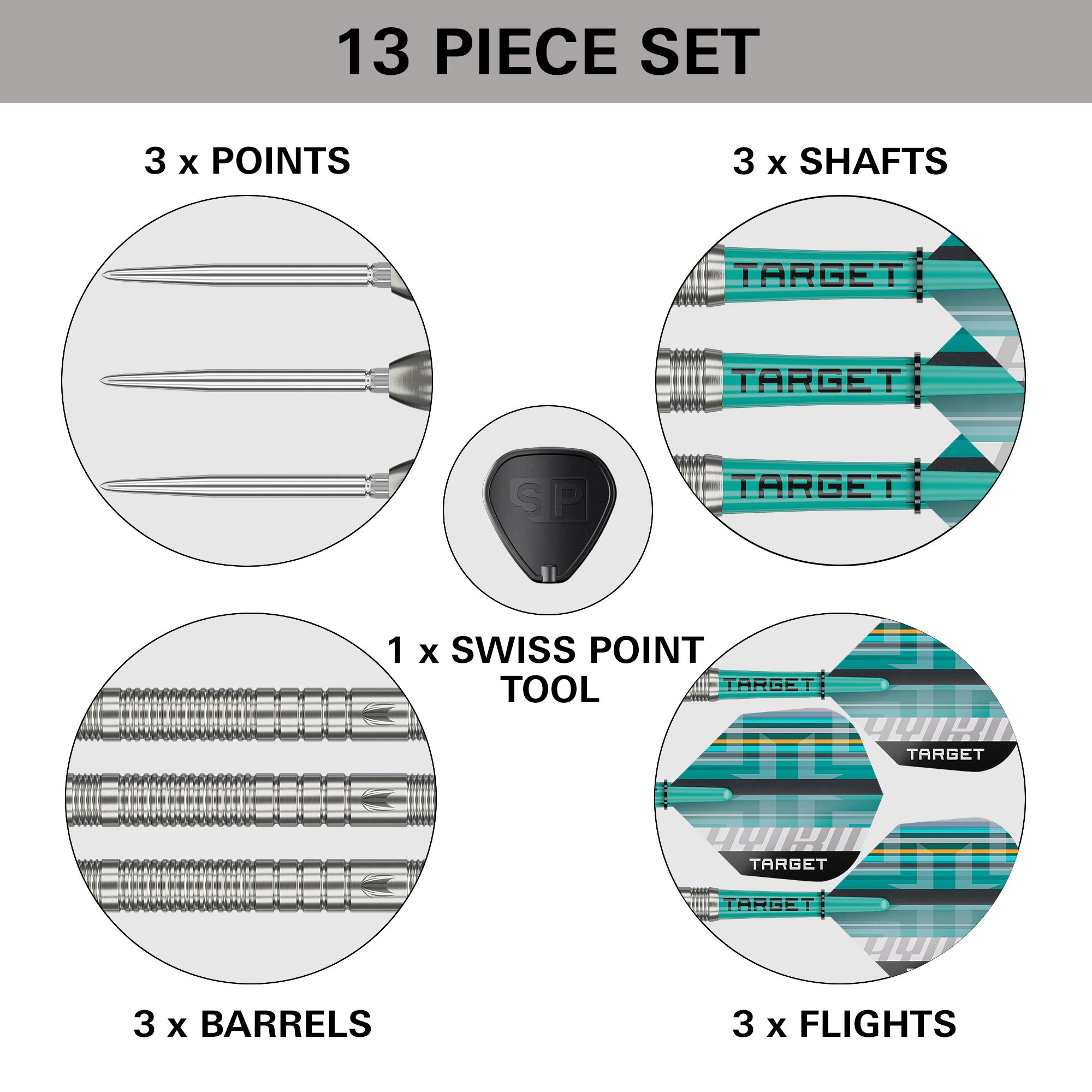 Target Hydro 03 Swiss Point Steeldarts Zu sehen sind die Target Hydro 03 Swiss Point Steeldarts. Die Steeldarts werden detailliert ausgeleuchtet.