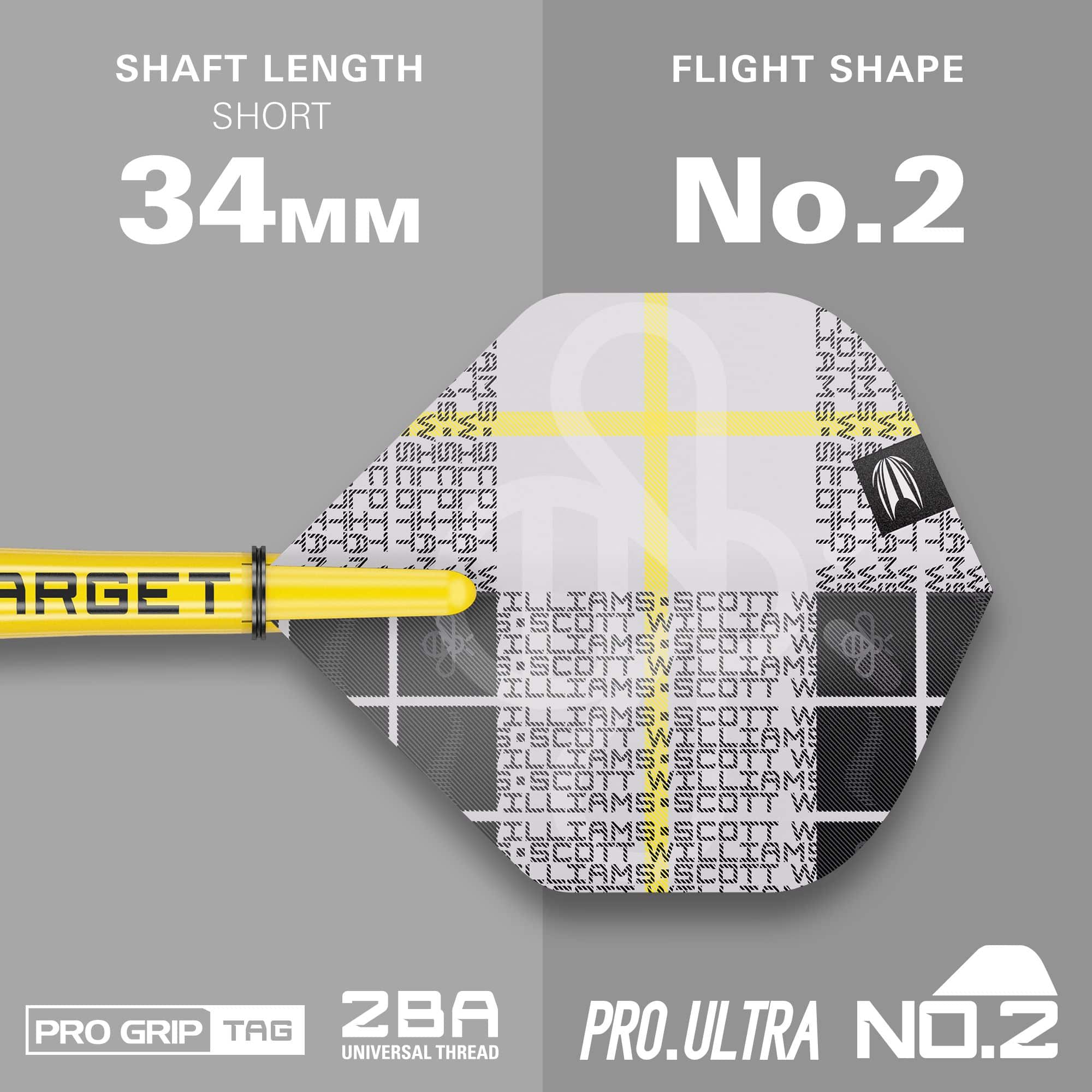 Das Bild zeigt das Produkt "Target Scott Williams GEN2 Softdarts - 18g" mit einem kurzen Schaft von 34 mm. Die Flight-Form ist No. 2 und das Design ist in Gelb, Weiß und Schwarz gehalten.