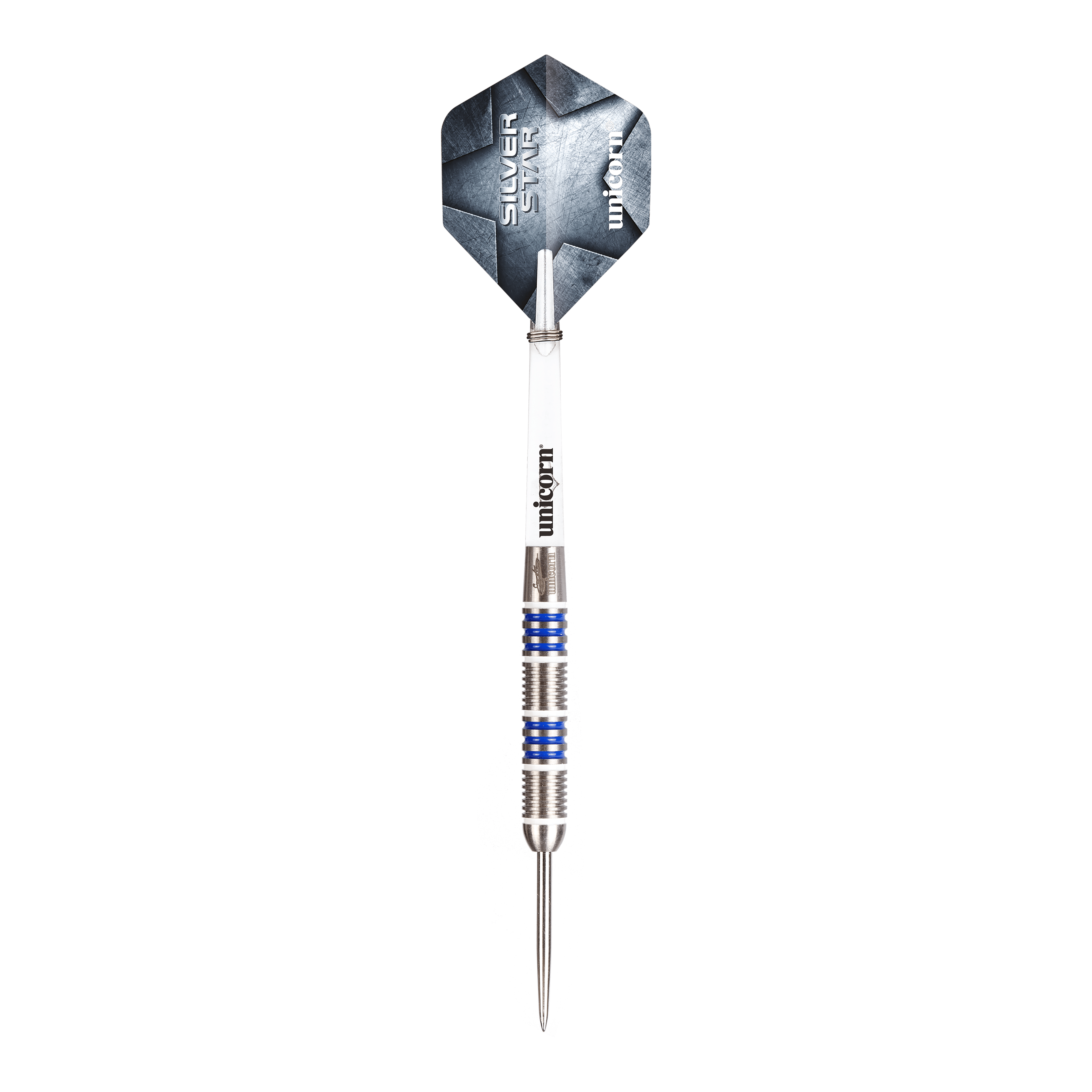 Stalowe lotki Unicorn Silver Star Var.4 Gary Anderson Dieses Bild zeigt Unicorn Silver Star Var.4 Gary Anderson Steeldarts. Die Darts liegen nebeneinander auf einer weißen Fläche.