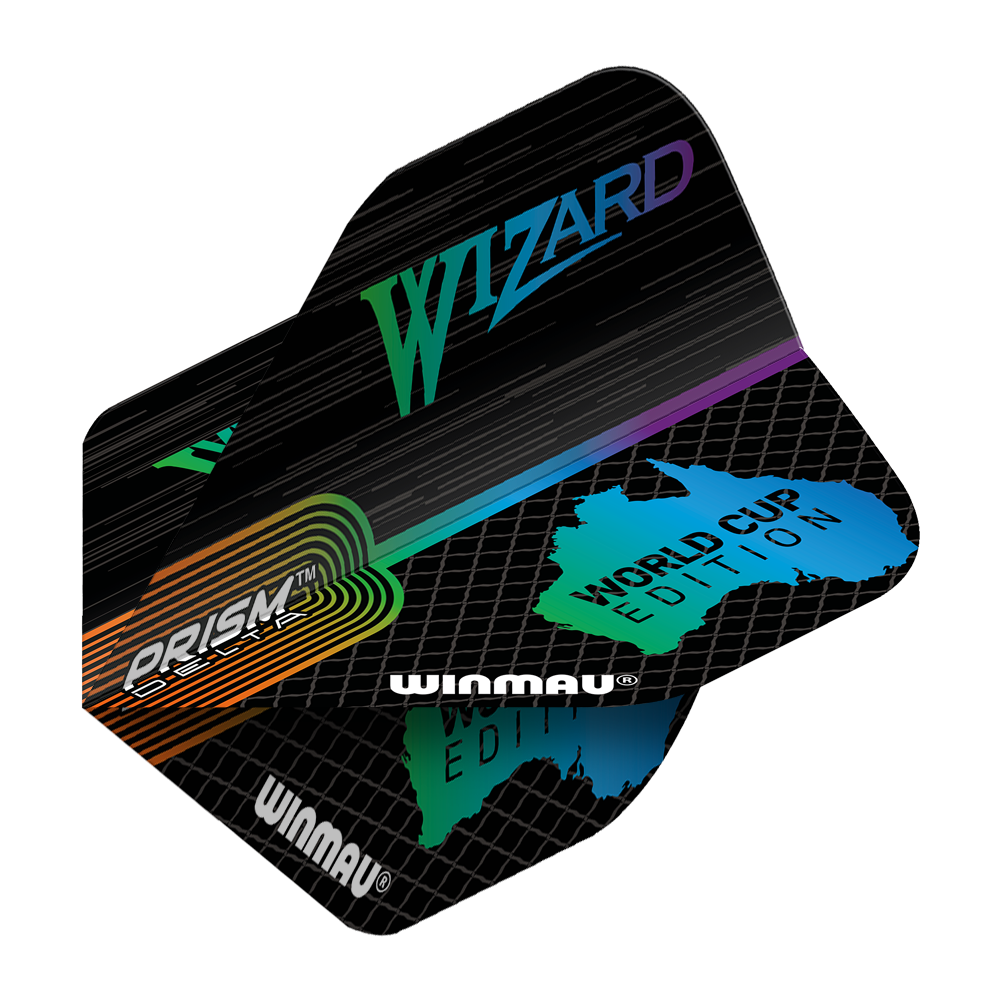 6915-237_Winmau_Simon_Whitlock_World_Cup_Special_Edition_Standard_Flights_2OnLFGaVg8RZj8 Das Bild zeigt die Winmau Simon Whitlock World Cup Special Edition Standard Flights. Die Flights sind schwarz mit bunten Akzenten und der Aufschrift "WIZARD" sowie "WORLD CUP EDITION".