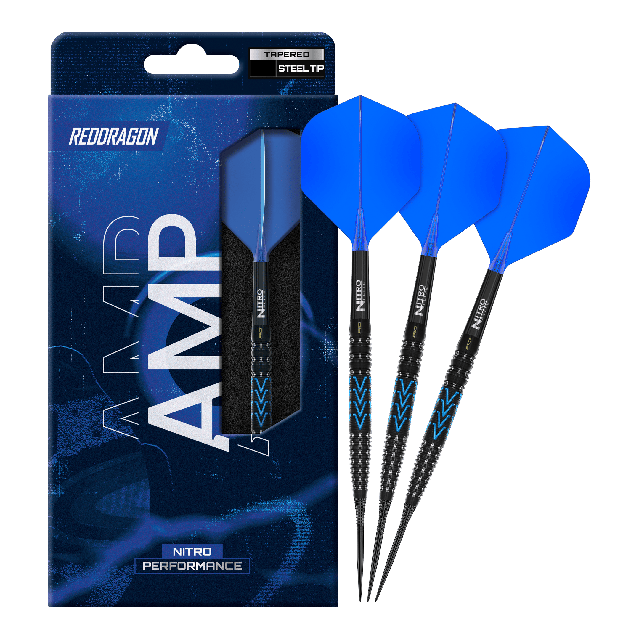 Dies ist ein Bild der Red Dragon Amp Tapered Steeldarts. Die Darts sind für professionelle Spieler entwickelt.