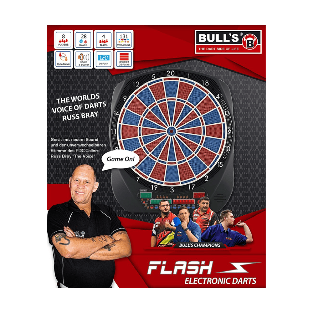67974_Bulls_Flash_RB_Sound-Elektronik-Dartboard_2 Das Bild zeigt das elektronische Dartboard „Bulls Flash RB Sound Elektronik Dartboard“. Es ist mit den Stimmen von Russ Bray und neuen Soundeffekten ausgestattet und eignet sich für bis zu 8 Spieler.