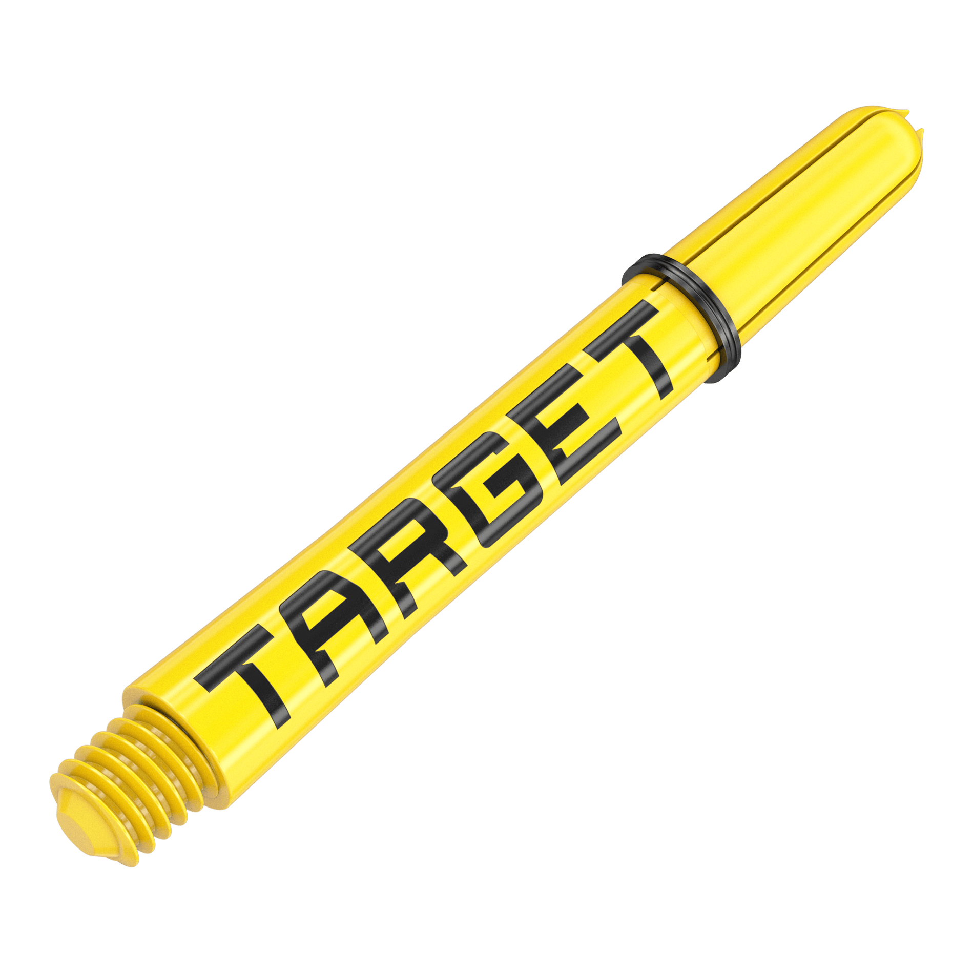 Wałki Target Pro Grip TAG – 3 zestawy – żółte Dies ist ein gelber Dart-Schaft mit dem Schriftzug "TARGET". Der Schaft hat ein schwarzes Gummiband und ein Schraubgewinde am Ende.