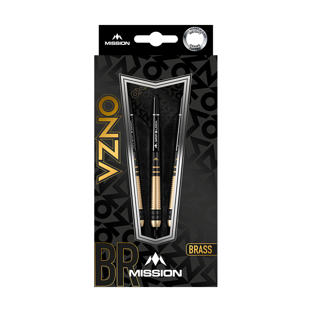 Die Verpackung zeigt die Mission Onza Model 2 Black Gold Softdarts mit einem Gewicht von 18g. Die Darts sind in Schwarz und Gold gehalten und bestehen aus Messing.