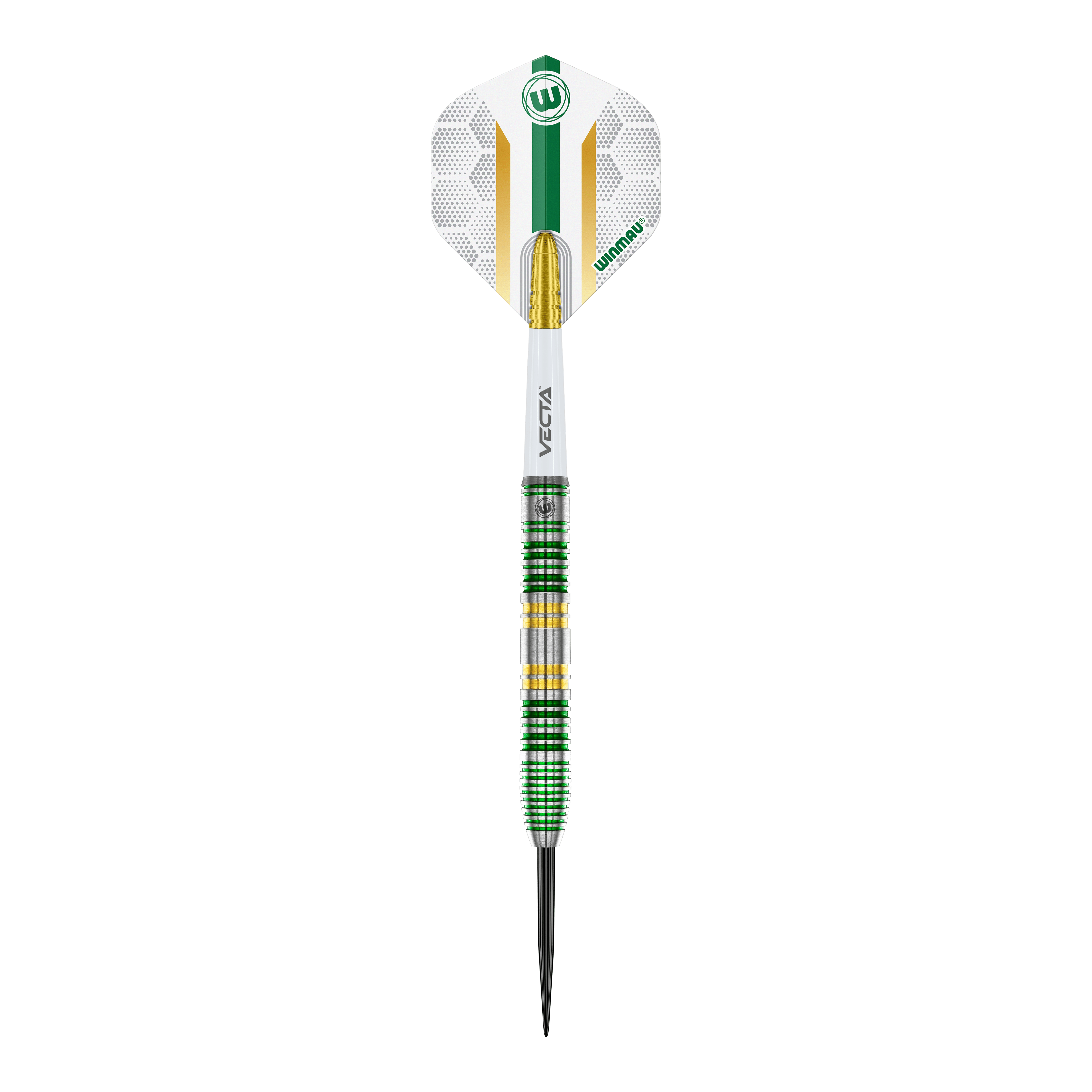 Winmau Xenon Steeldarts Das Bild zeigt einen Winmau Xenon Steeldart mit einer weißen, grünen und goldenen Gestaltung. Der Dartpfeil hat einen markanten Ringgriff und eine spitze Metallspitze.