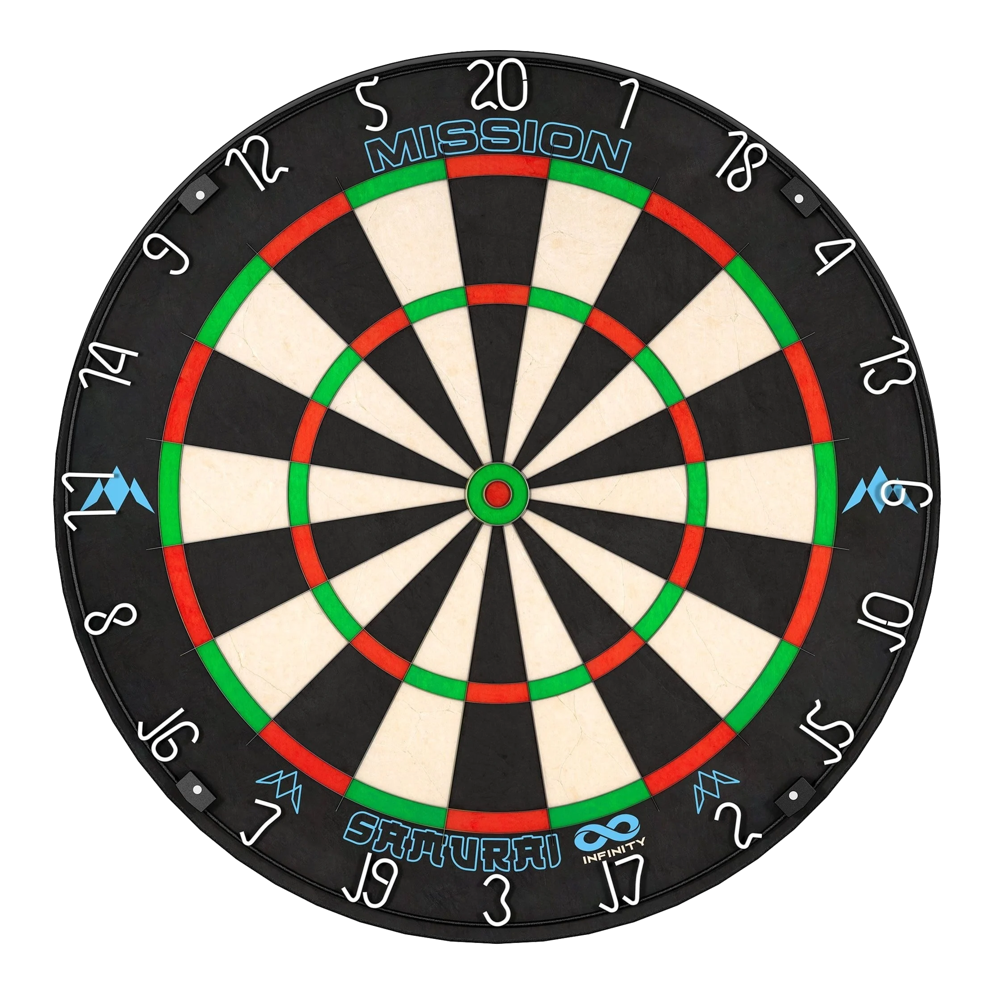 Tarcza do darta Mission Samurai Infinity ze stali Das Bild zeigt eine Steeldartscheibe mit dem Namen "Mission Samurai Infinity". Die Scheibe ist schwarz-weiß mit roten und grünen Markierungen und hat weiße Zahlen am Rand.