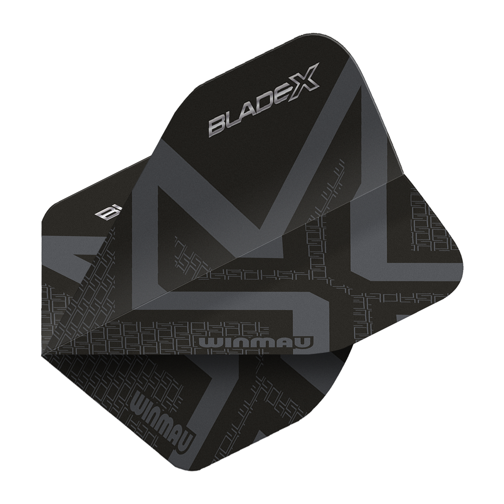 Winmau Prism Delta Blade X Metallic Black No2 Standard Flights wird gezeigt. Ein Dartflugblatt in metallischem Schwarz, Standardgröße Nummer 2.