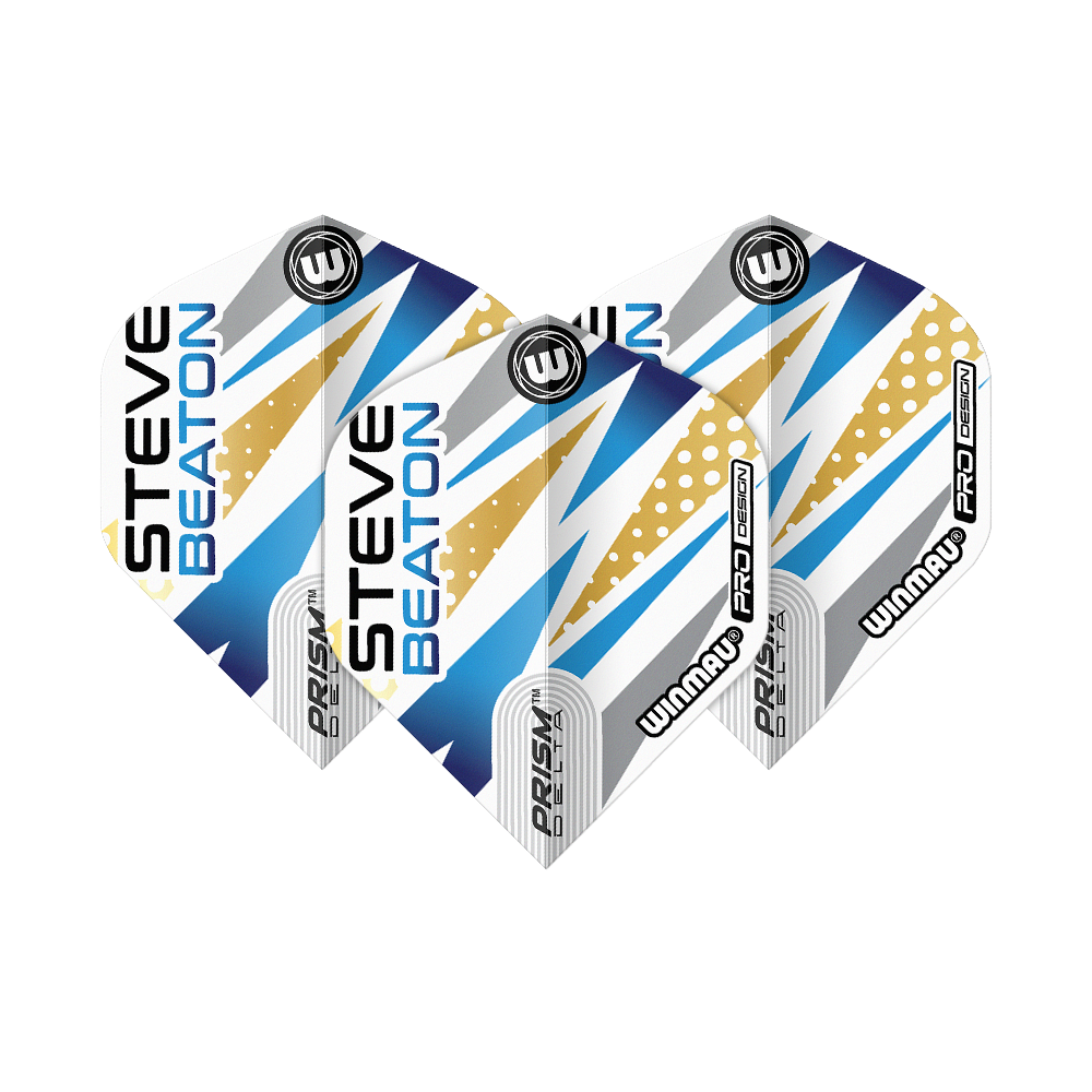 Das Bild zeigt drei Dart-Flights mit dem Design „Winmau Prism Delta Steve Beaton No2 Standard“. Die Flights sind in Weiß, Blau, Gold und Grau gehalten und tragen den Namen „Steve Beaton“.