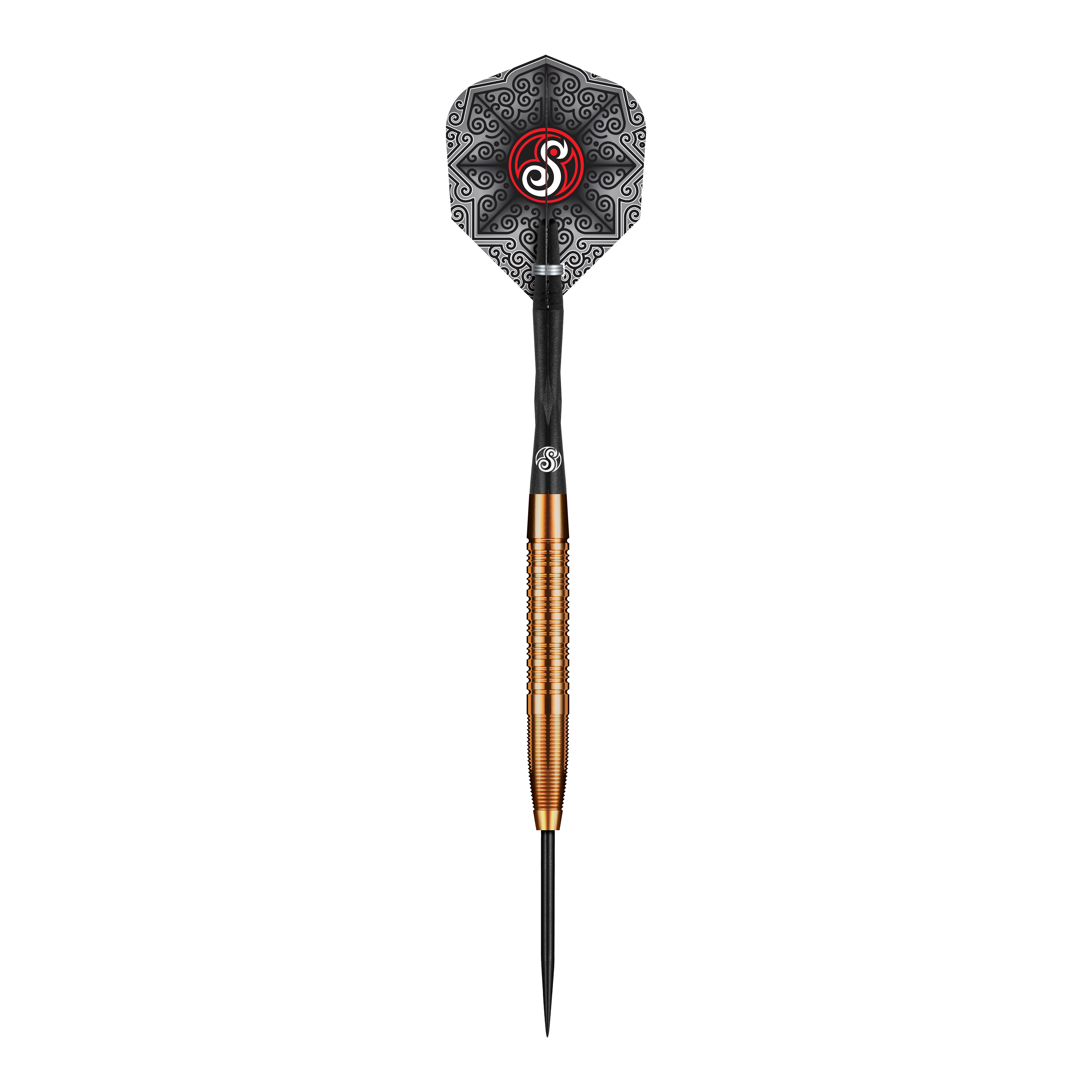 Shot Pro Series Jake Womack Steeldarts - 23g Das Bild zeigt den Shot Pro Series Jake Womack Steeldart mit einem Gewicht von 23 Gramm. Der Dart hat ein auffälliges schwarzes Flight-Design und einen goldfarbenen, gerillten Barrel.