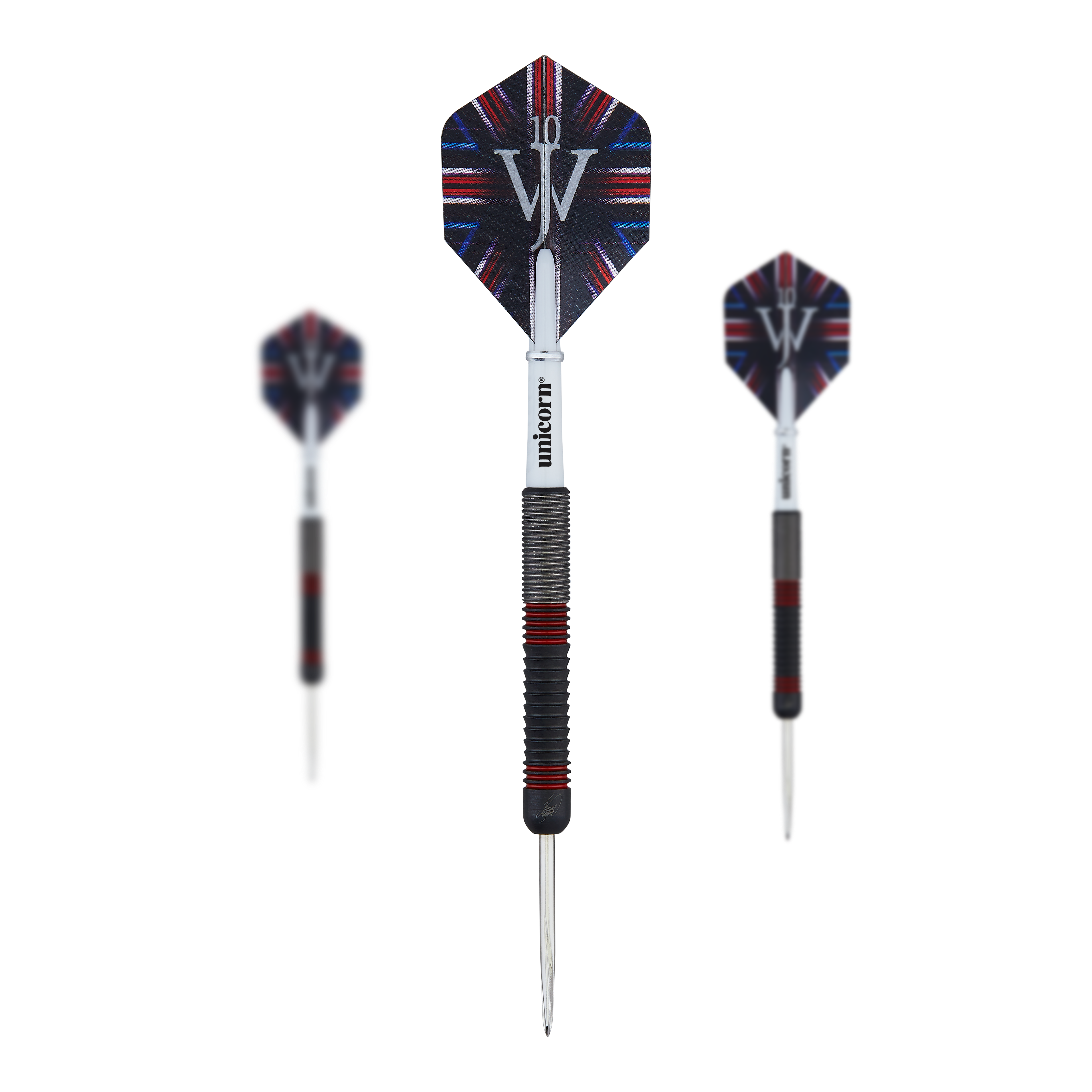Unicorn The Machine James Wade 80% stalowe rzutki Das Bild zeigt drei Steeldarts des Produkts "Unicorn The Machine James Wade 80%". Die Darts haben schwarze und rote Details sowie Flights mit einem auffälligen Design und dem Schriftzug "JW".