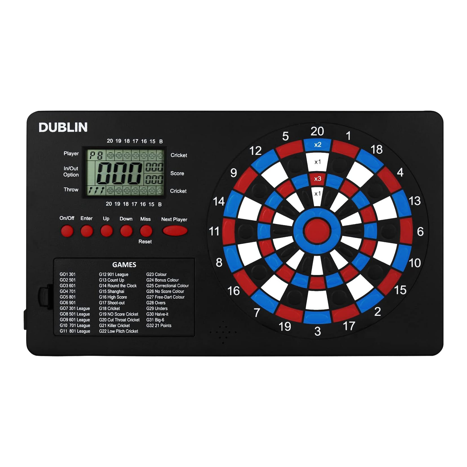 Licznik rzutek XQMax Dublin Das Bild zeigt den "XQMax Dublin Dart Counter", ein elektronisches Dartspiel mit eingebautem Punktezähler. Links befindet sich ein digitales Display und Tasten zur Spielsteuerung, rechts das bunte Dartboard mit verschiedenen Zahlenfeldern.