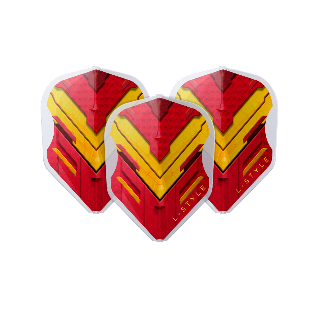 L-Style V-Series V1 Typ A Hiszpania Przezroczysta Biel L3EZ Loty Das Bild zeigt drei Dart-Flights mit einem auffälligen roten und gelben Muster. Auf den Flights steht in gelber Schrift "L-STYLE".