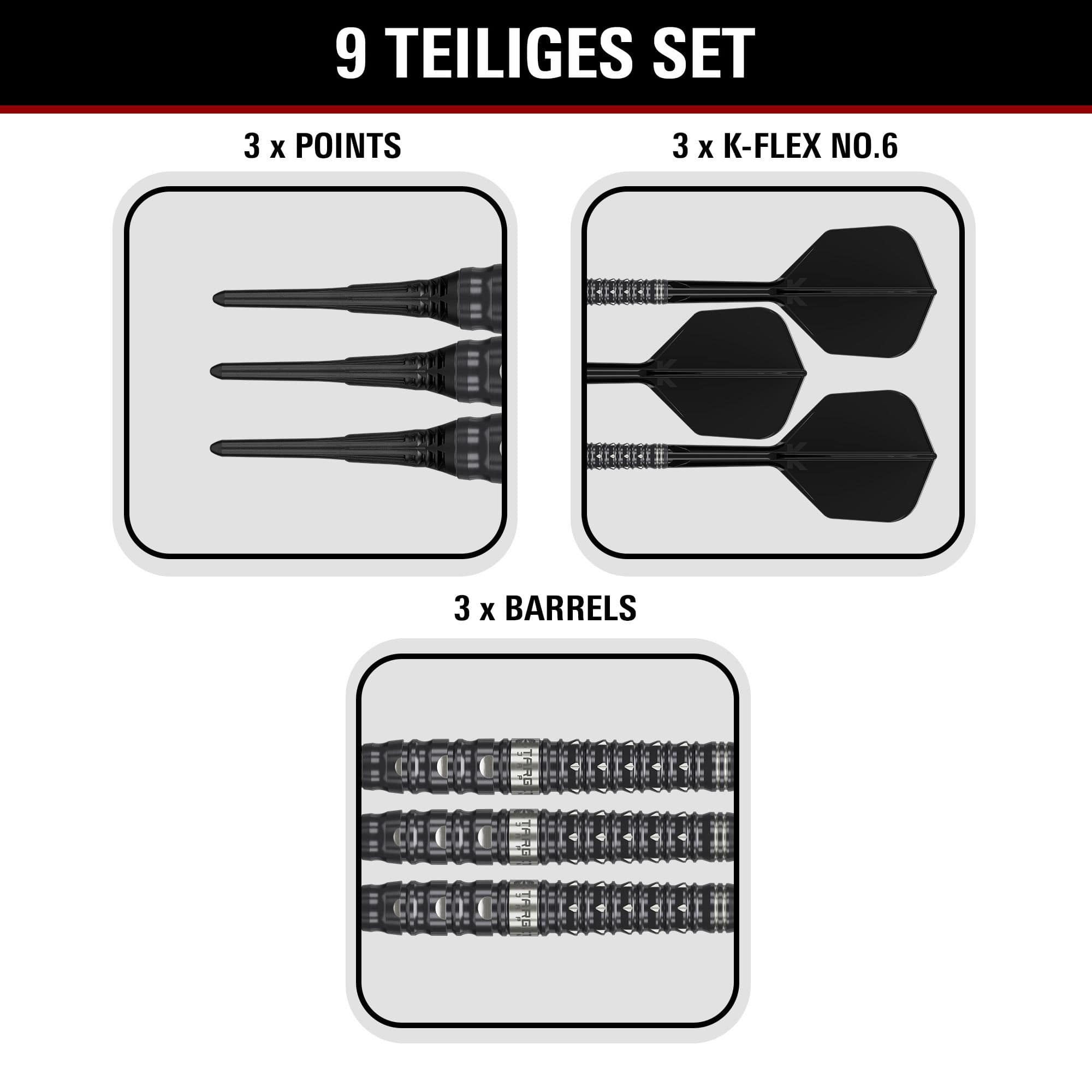 Lotki Target Black Marque Eclipse Soft Darts - 21g Target Black Marque Eclipse Softdarts mit 21g-Gewicht werden dargestellt. Das Produkt zeichnet sich durch ein elegantes schwarzes Design aus.