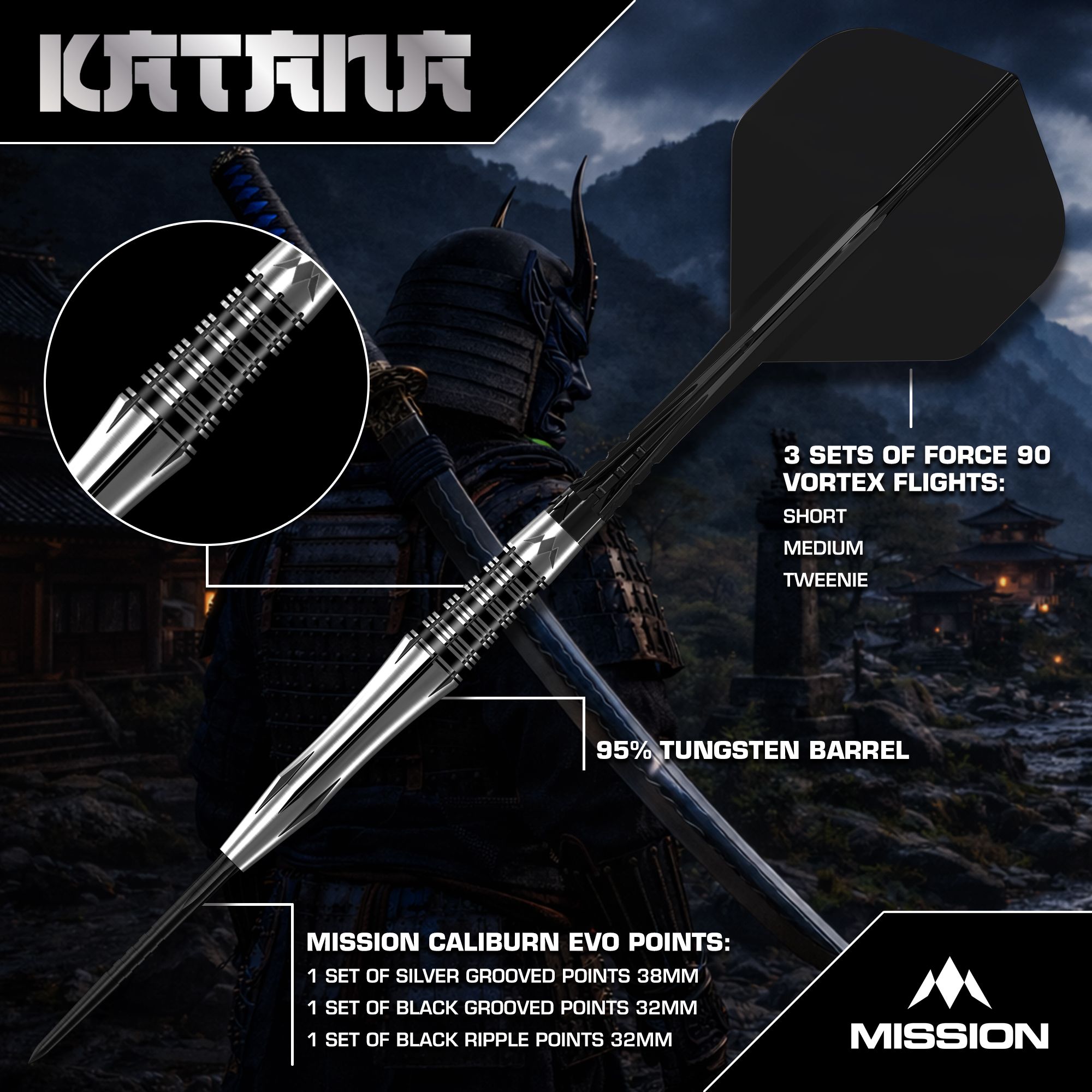 Lotki stalowe Mission Katana Mission Katana Steeldarts werden präsentiert. Das Foto zeigt das Produkt detailliert für eine bessere Ansicht.
