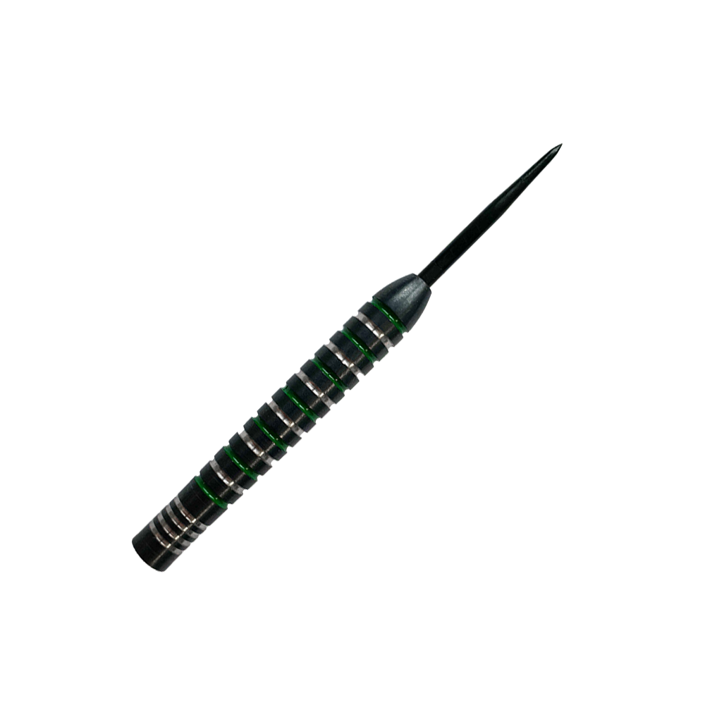 Beczki McDart Silver Green Steeldart Das Bild zeigt einen McDart Silver Green Steeldart Barrel. Der Dart hat silberne und grüne Rillen und eine schwarze Spitze.