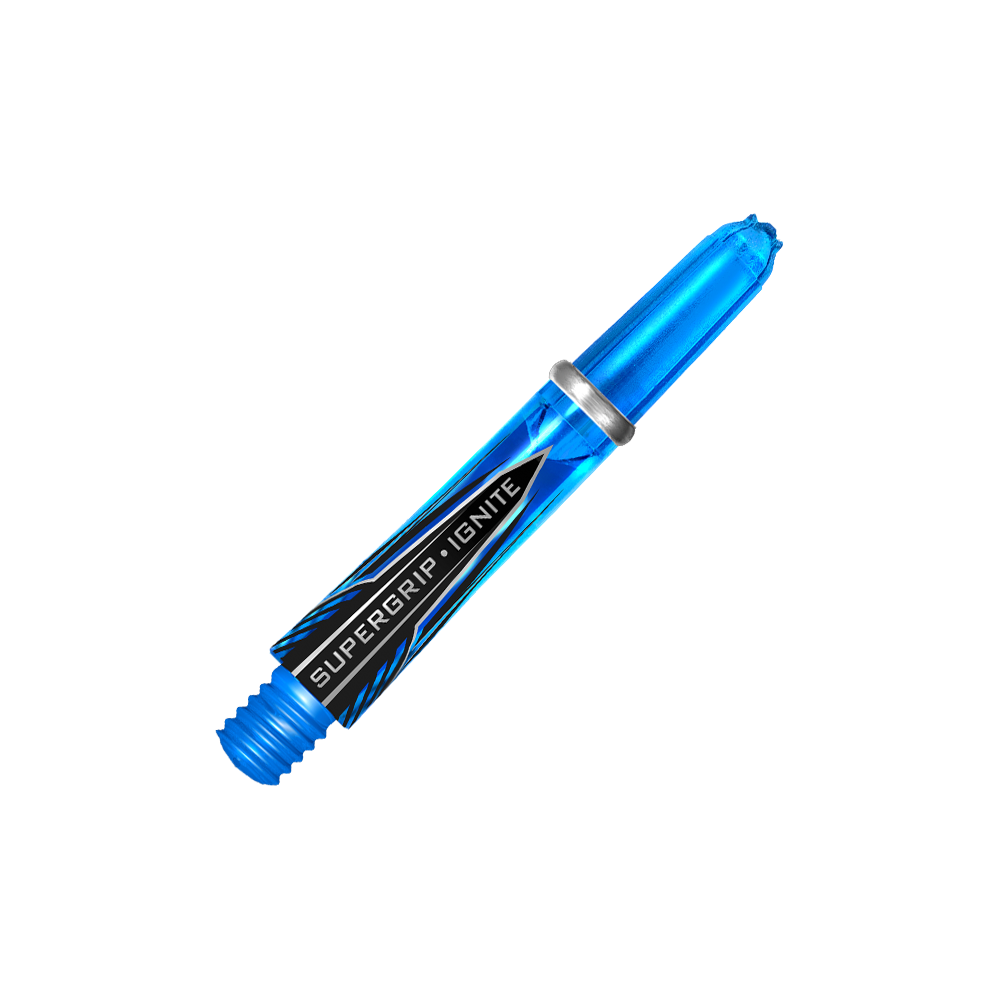 Das Bild zeigt das Produkt "Harrows Supergrip Ignite Shafts - Aqua". Es ist ein blauer, transparenter Dartshaft mit schwarzem Schriftzug und silbernem Ring.