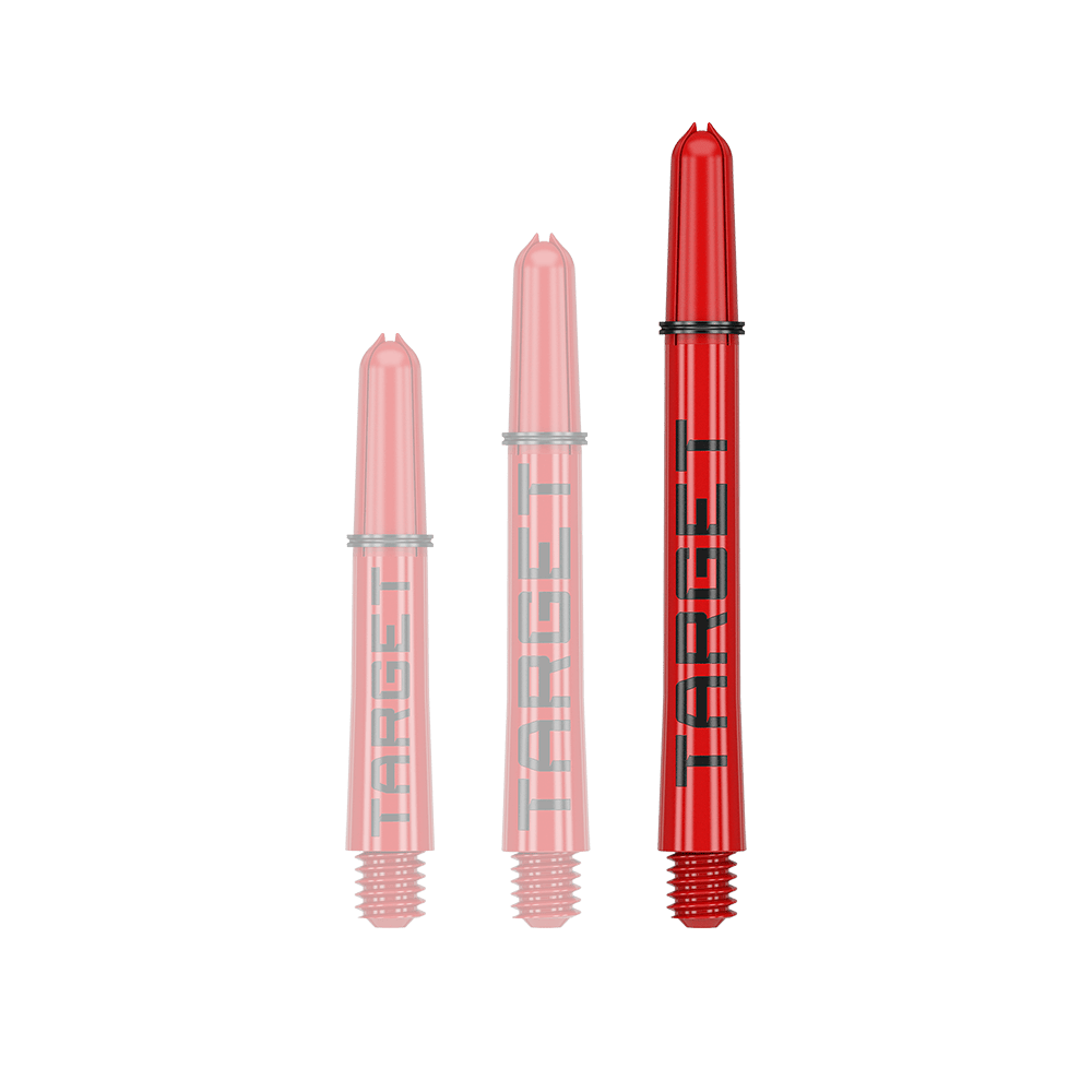 Trzonki Target Pro Grip TAG – 3 zestawy – czerwone Auf dem Bild sind drei rote Dart-Schäfte in unterschiedlichen Längen zu sehen. Auf jedem Schaft steht das Wort "TARGET" in schwarzen Buchstaben.