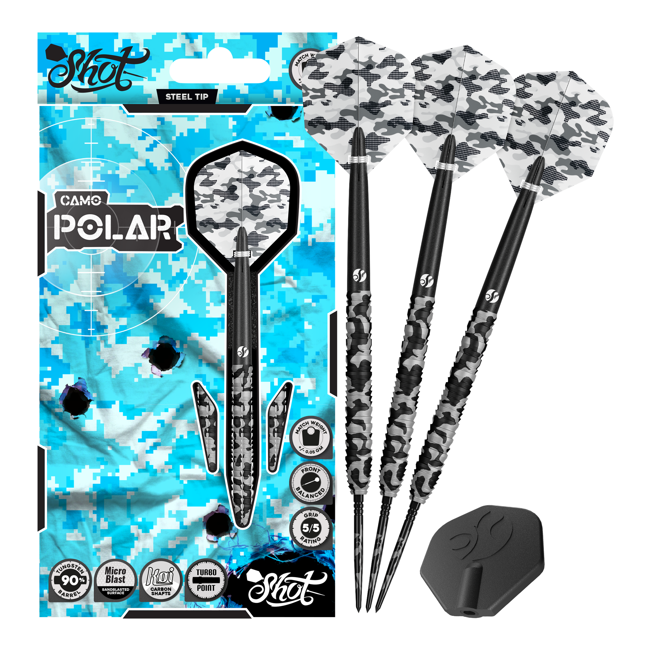Shot Camo Polar Turbo Point Steeldarts Shot Camo Polar Turbo Point Steeldarts sind Dartpfeile im Tarnmuster. Sie liegen nebeneinander auf hellem Hintergrund.