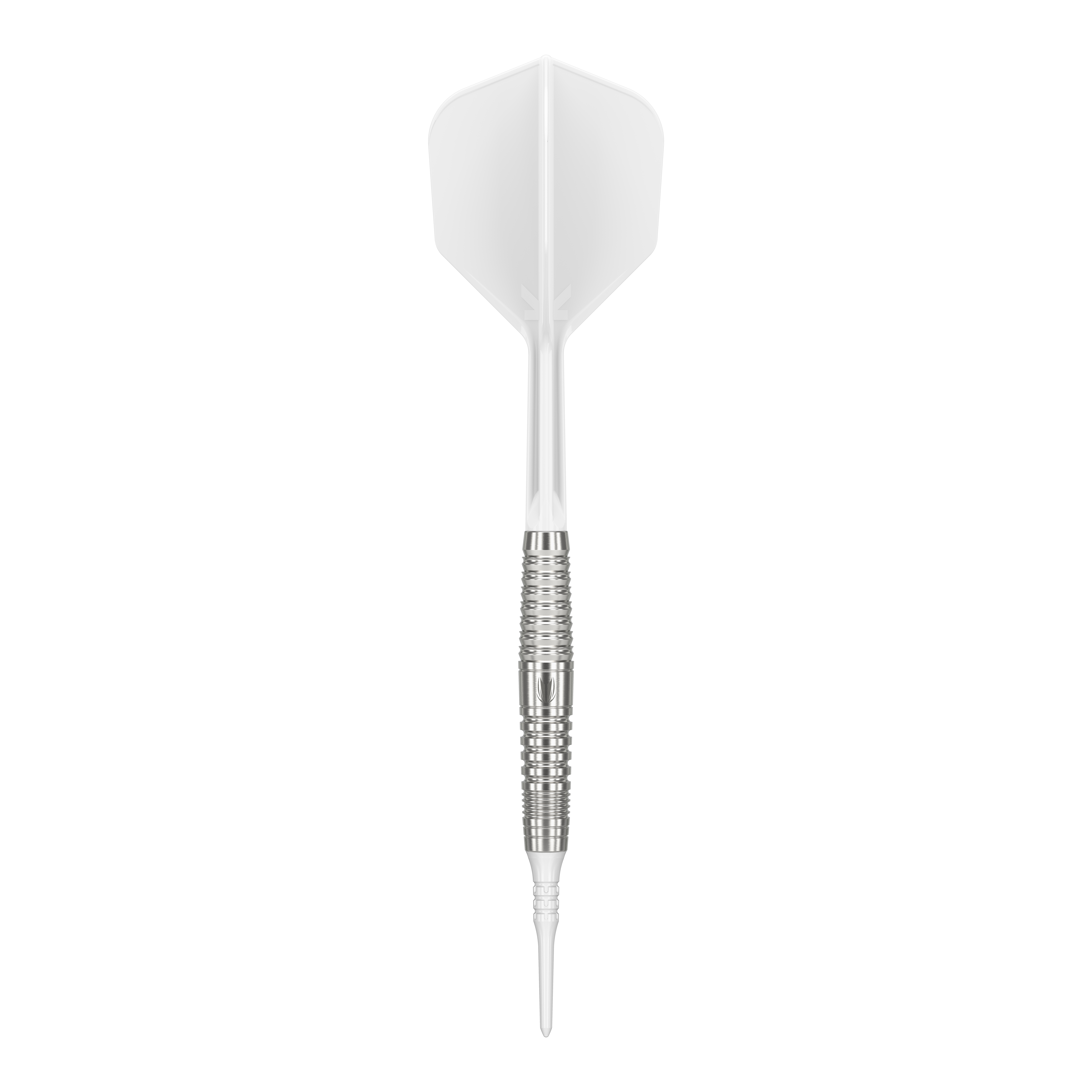 Target Japan Crux Courage Soft Darts - 19g Das Bild zeigt einen Softdart namens "Target Japan Crux Courage Softdarts - 19g". Der Dartpfeil hat eine silberne Griffzone und weiße Flights.