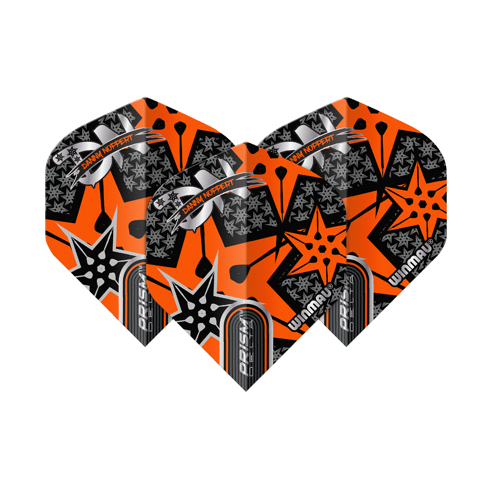 Winmau Prism Delta Danny Noppert Orange Signature No2 Standard Flights Das Bild zeigt drei Dart-Flights mit auffälligem orange-schwarzem Design. Auf den Flights steht "Danny Noppert" und "Winmau Prism Delta".