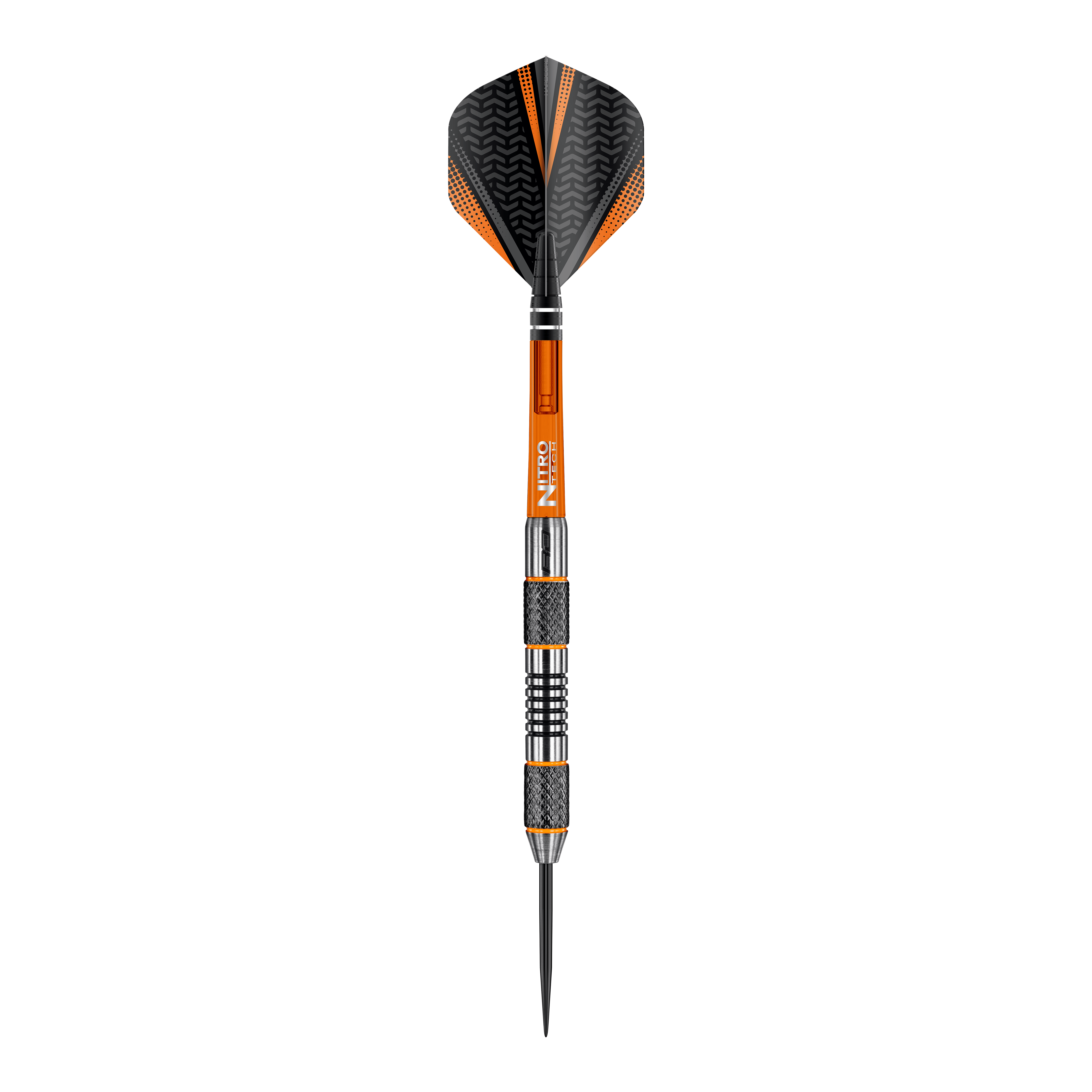 Rzutki stalowe Red Dragon Amberjack 5 - 24g Dies ist ein Steeldart der Marke Red Dragon, Modell Amberjack 5 mit einem Gewicht von 24 Gramm. Der Dart hat ein schwarzes und orangefarbenes Design mit metallischen und geriffelten Griffbereichen.