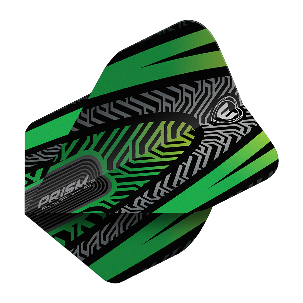 Dieses Bild zeigt ein Winmau Prism Alpha Schwarz Grün No2 Standard Dartflight. Das Flight hat ein modernes Muster in Schwarz, Grün und Grau.