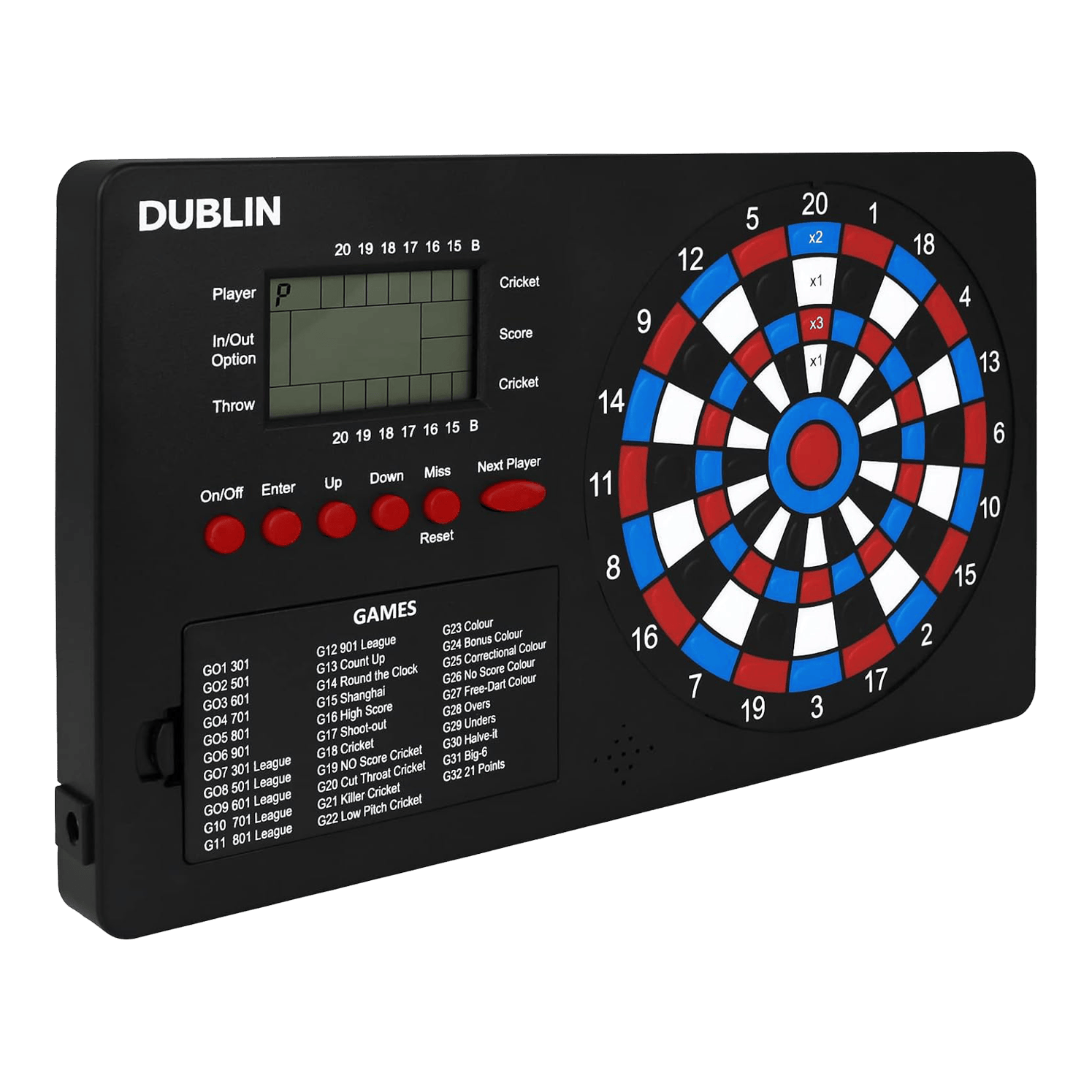 Licznik rzutek XQMax Dublin Das Bild zeigt den "XQMax Dublin Dart Counter", ein elektronisches Dartboard mit digitalem Display. Auf dem Gerät befinden sich zahlreiche Tasten zur Bedienung und eine Übersicht verschiedener Dartspiele.