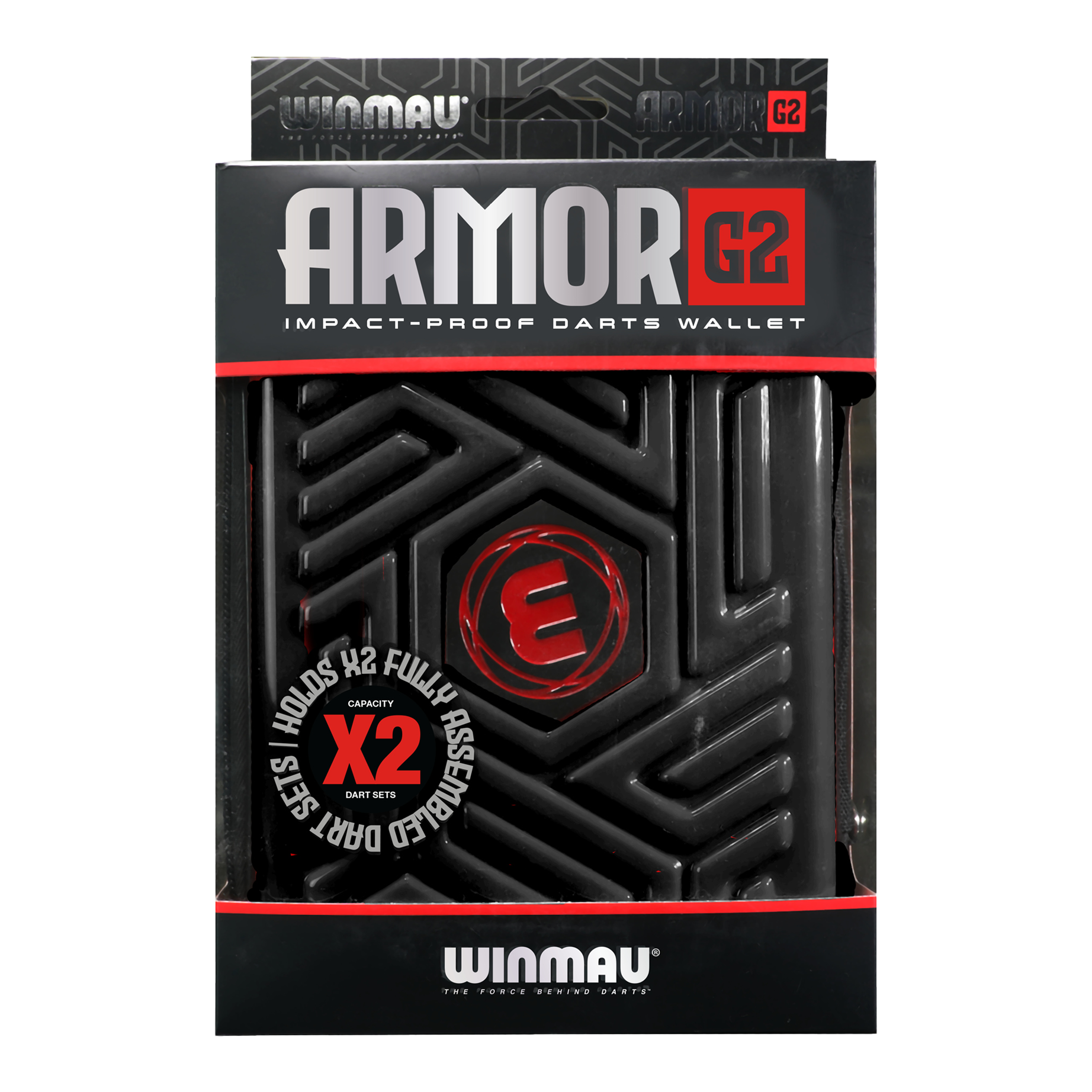 Portfel Winmau Armor G2 Dart Dies ist eine schwarze, stoßfeste Darttasche der Marke Winmau namens "Armor G2". Sie bietet Platz für zwei komplett montierte Dart-Sets.
