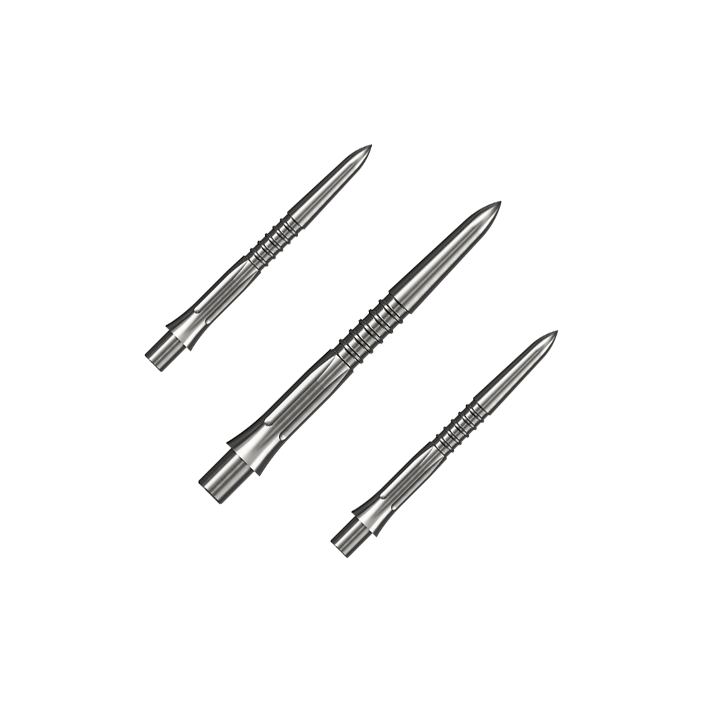 Groty do lotek Mission Caliburn EVO GV1 - srebrne Auf dem Bild ist ein Set silberner Steeldartspitzen mit 26 mm Länge zu sehen. Mehrere Spitzen sind zusammen angeordnet.