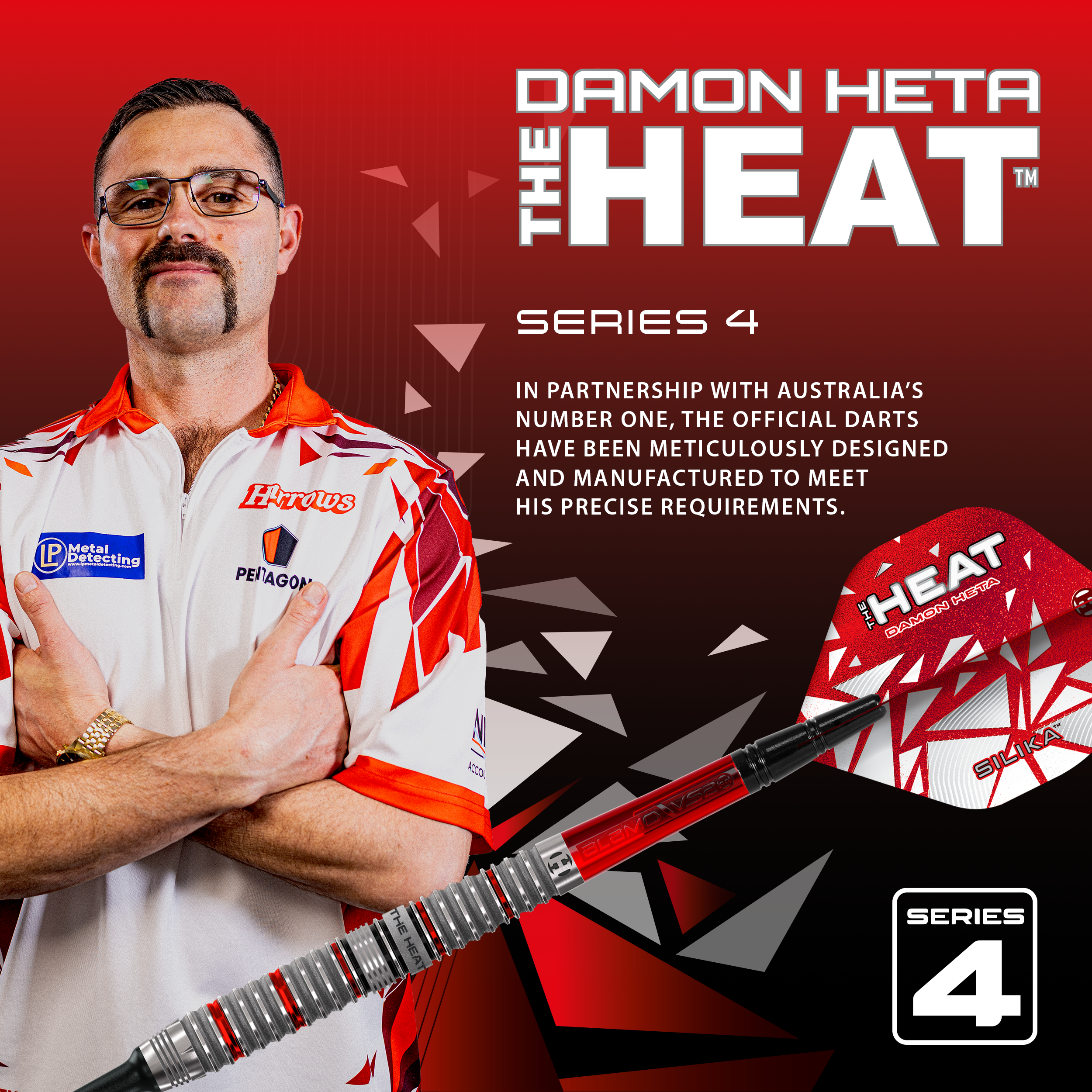 Abgebildet sind die Harrows Damon Heta Series 4 Softdarts. Die Darts bieten ein modernes Design und hohe Funktionalität.