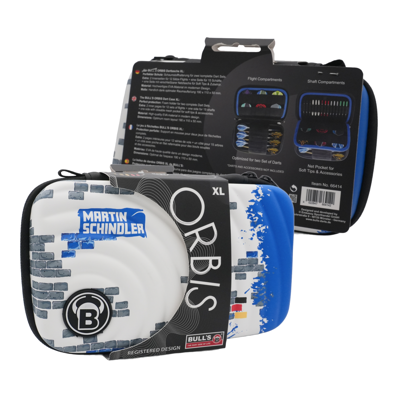 Etui na lotki Bulls Orbis XL Martin Schindler Das Bild zeigt das Produkt "Bulls Orbis XL Martin Schindler Dartcase". Das Dartcase ist weiß mit blauen und grauen Designelementen und bietet Platz für zwei Dart-Sets.