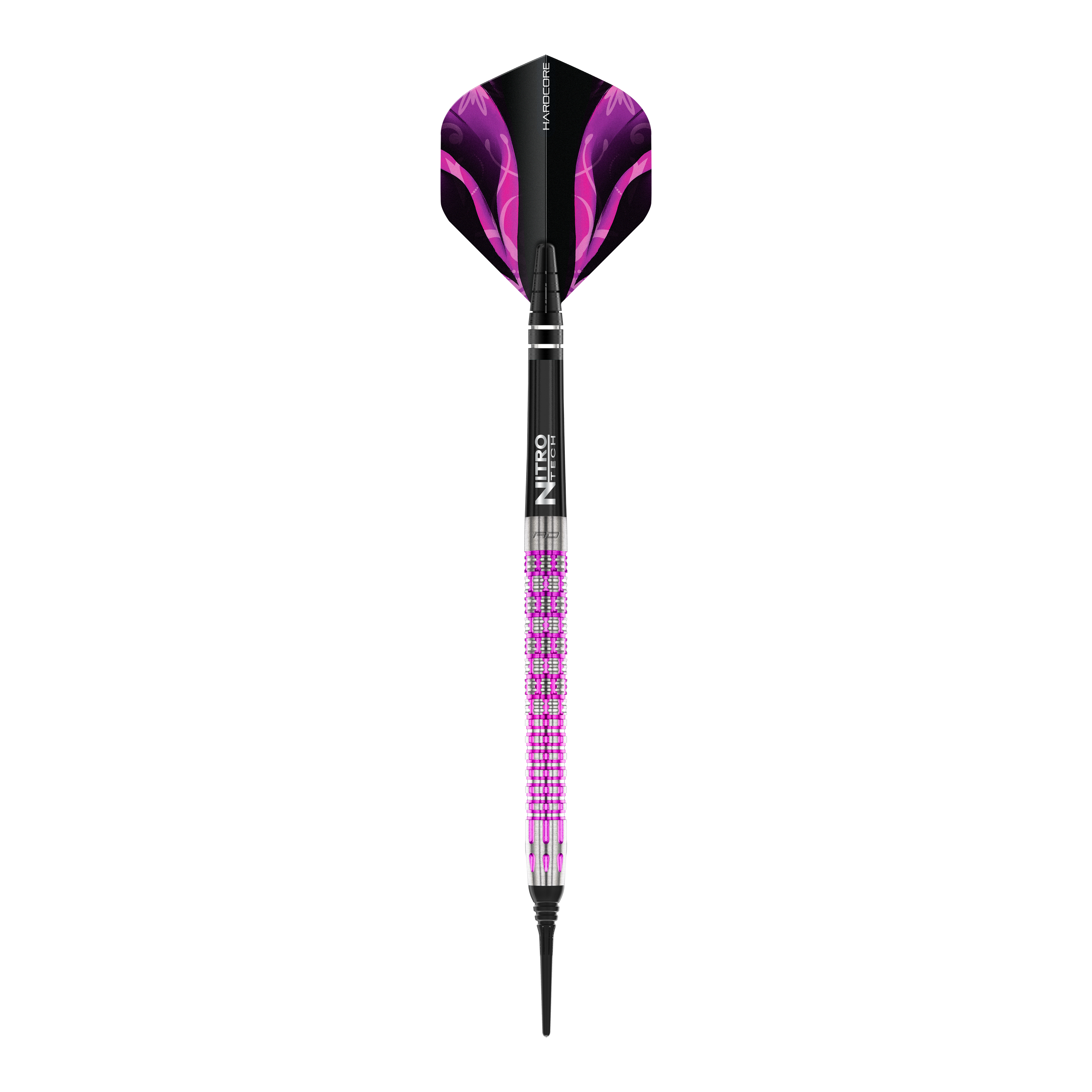 Miękkie lotki Red Dragon Tyrian - 22g Auf dem Bild ist der Red Dragon Tyrian Softdart mit einem Gewicht von 22g zu sehen. Der Dart hat ein auffälliges Design mit lila und pinken Akzenten.